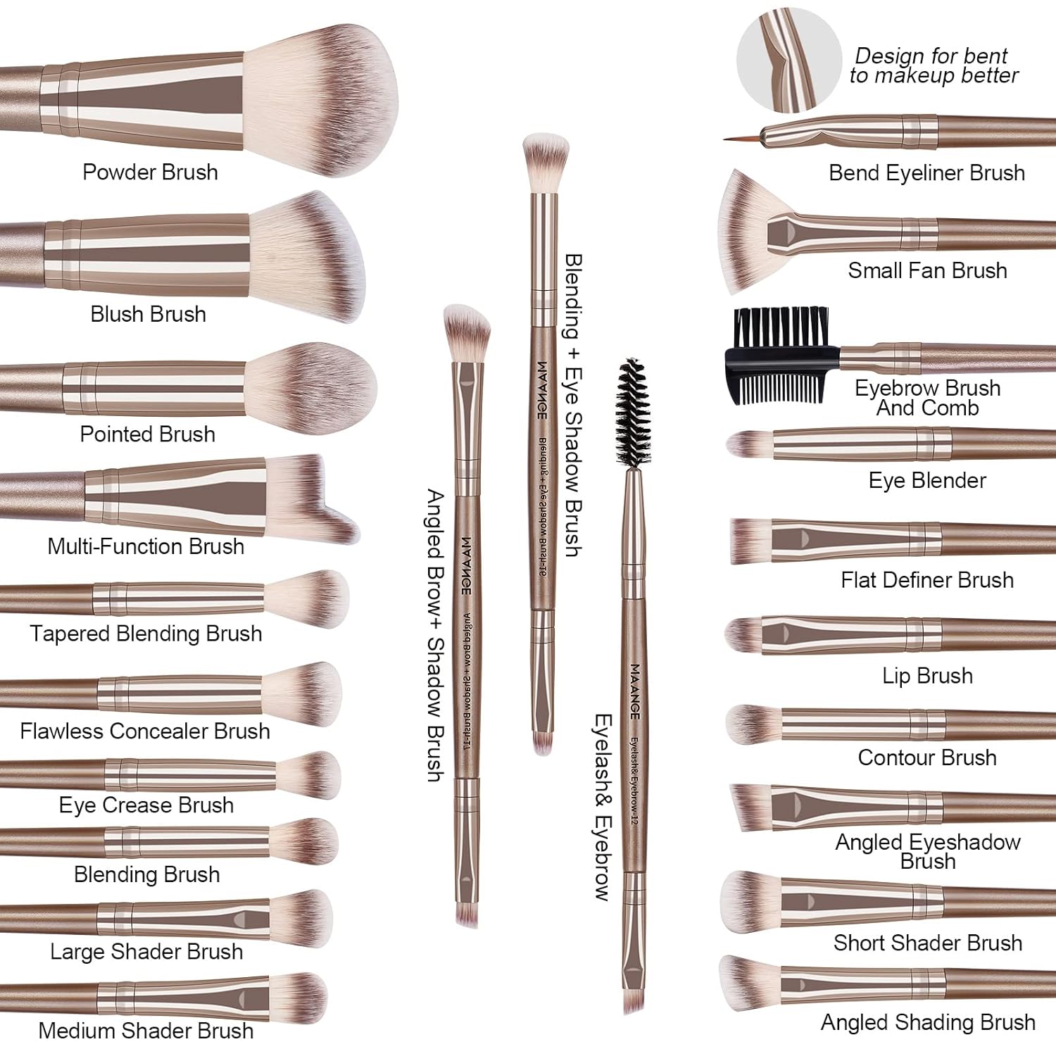 MAANGE Makeup Brush Set 23 Pcs Makeup Brushes Premium Synthetic Make up brushes Professional Face Powder Blush Pointed Eyeshadow Blending Brush Gifts for Women/Girls(Champagne) - Image 2