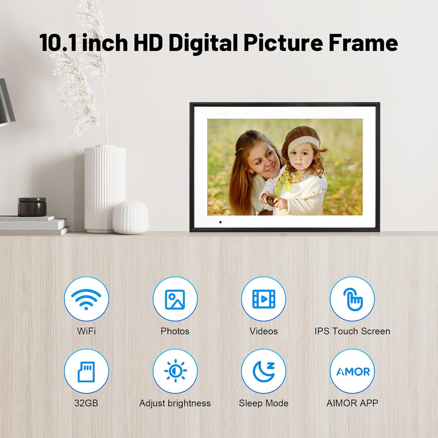 Digital Picture Frame 10.1 Inch WiFi Digital Photo Frame IPS HD Touch Screen Smart Cloud Photo Frame with 32GB Storage, Auto-Rotate, Easy Setup to Share Photos or Videos Remotely via AiMOR APP (Black) - Image 2