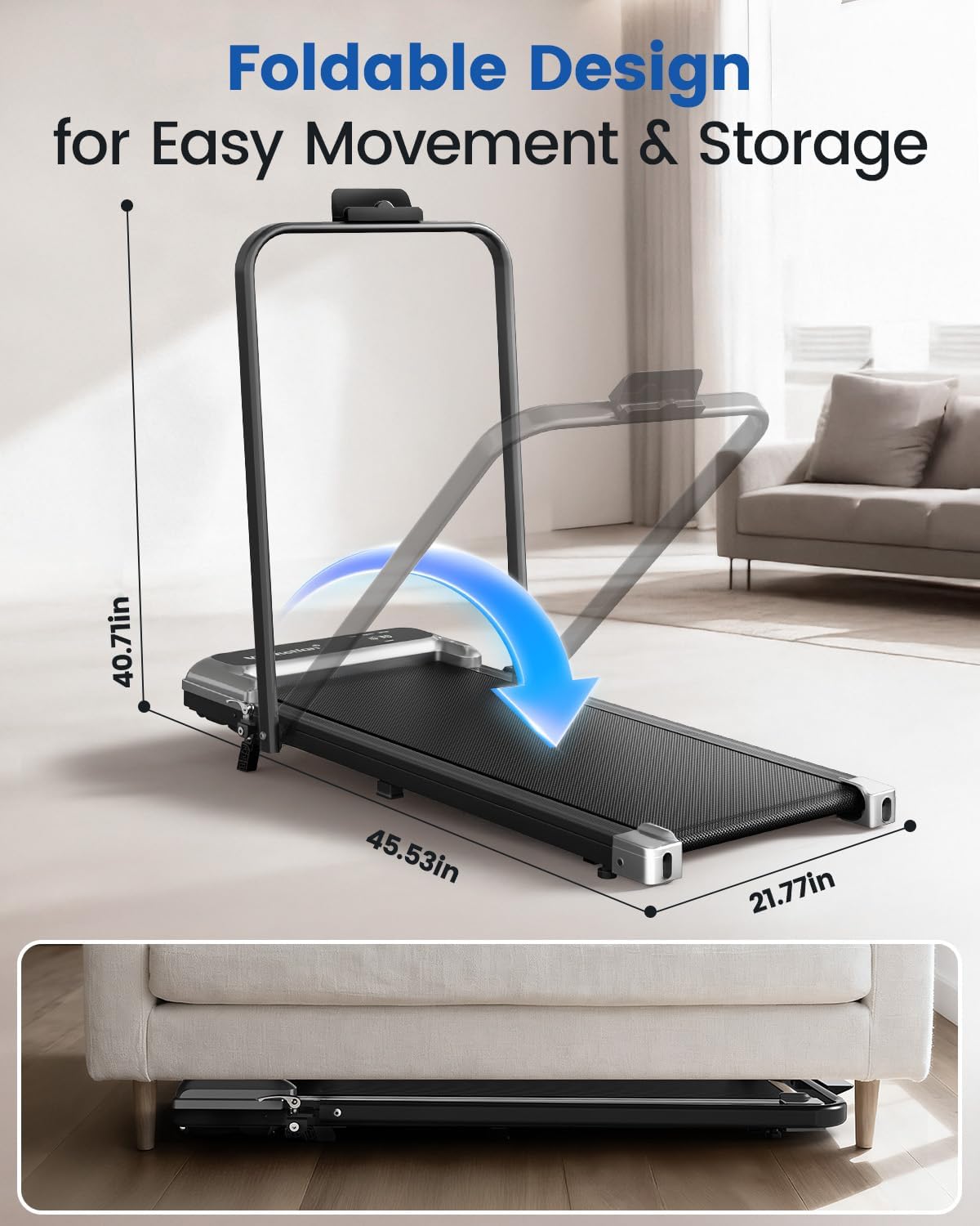 Walking Pad Treadmill with Handle Bar and Adjustable Incline, Compact Portable Treadmills for Home Office, 2.5HP Quiet Anti-Slip Under Desk Treadmills, 0.6-3.8 MPH Remote Speed Control, 265 LBS - Image 8