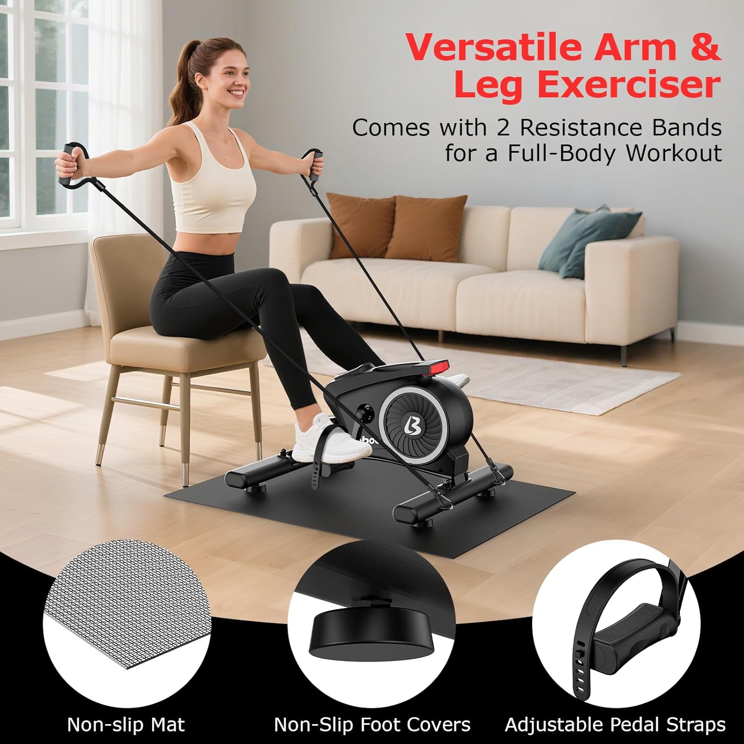 pooboo Under Desk Bike Pedal Exerciser, Quiet Magnetic Mini Exercise Bike with 16 Resistance Levels, Arm & Leg Workout, Resistance Bands & Non-Slip Mat for Home Office Therapy - Image 3