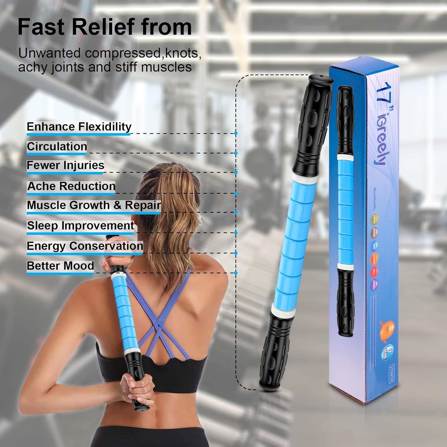 iGreely Premium Muscle Roller The Ultimate Massage Roller Stick 17 Inches Recommended by Physical Therapists Promotes Recovery Fast Relief for Cramps Soreness Tight Muscles Blue - Image 9