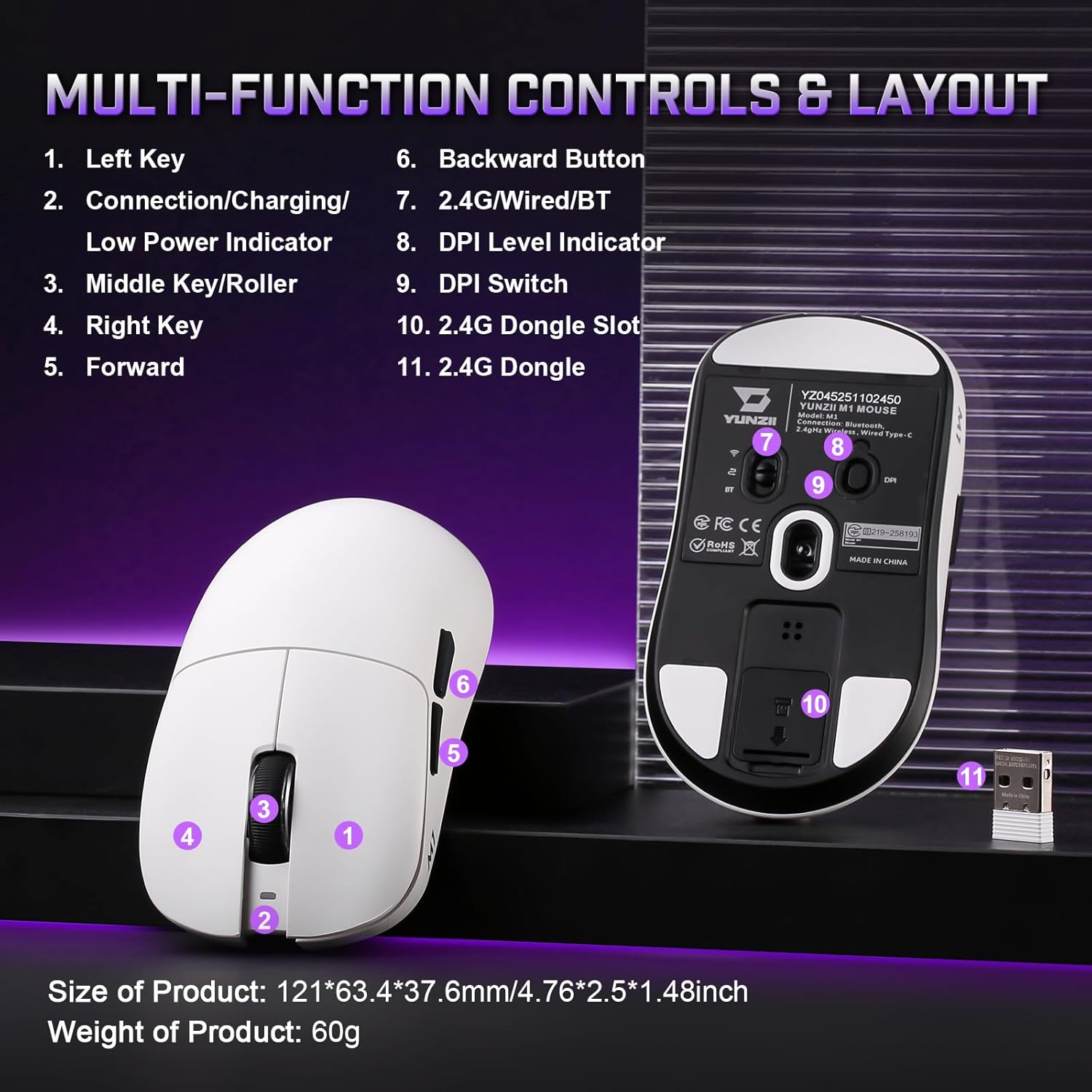 YUNZII M1 Wireless Gaming Mouse, Tri-Mode 2.4G/BT/Wired Gaming Mouse, PAW3311 Sensor 10000 DPI Rechargeable Wireless Mouse with 5 Programmable Buttons, Customizable via Software for Win & Mac (White) - Image 5