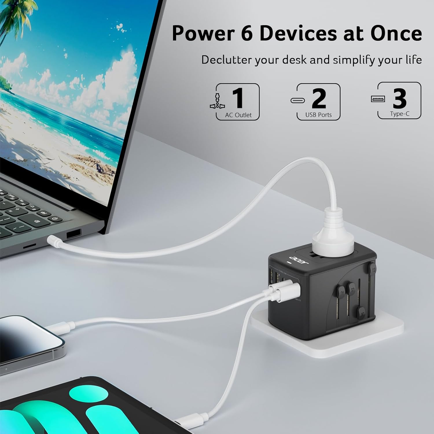 Acer Universal Travel Plug Adapter - International Power Adapter with 5 USB Ports (3 USB C) 5.8A, Worldwide Outlet Charger for USA to European UK France Germany Spain, Type C/E/F/G/I/L/A, Black - Image 3