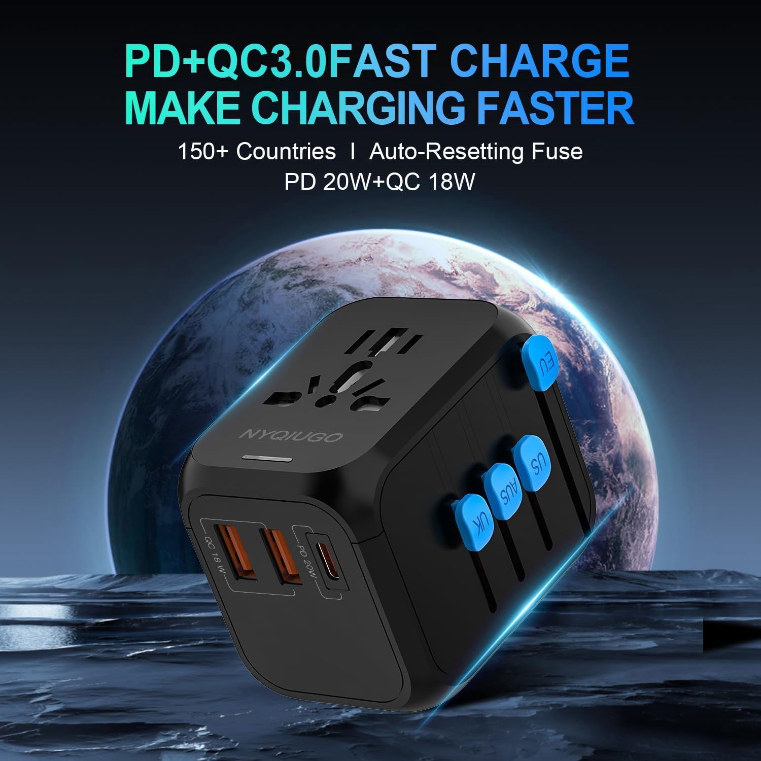 NYQIUGO Universal International Power Travel Plug Adapter with 3 USB Ports (1 USB C), Worldwide Plug Adaptor Wall Charger for USA to Europe UK France Germany Spain Ireland Australia (Type C/G/A/I) - Image 2