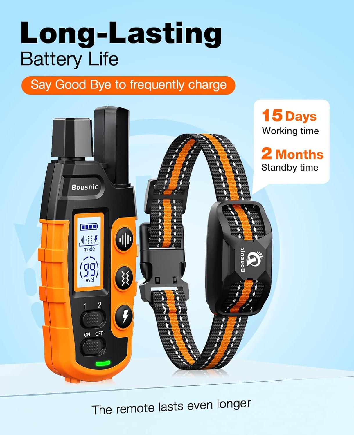Bousnic Dog Shock Collar - 3300Ft Dog Training Collar with Remote for 5-120lbs Small Medium Large Dogs Rechargeable Waterproof e Collar with Beep (1-8), Vibration(1-16), Safe Shock(1-99) (Orange) - Image 6