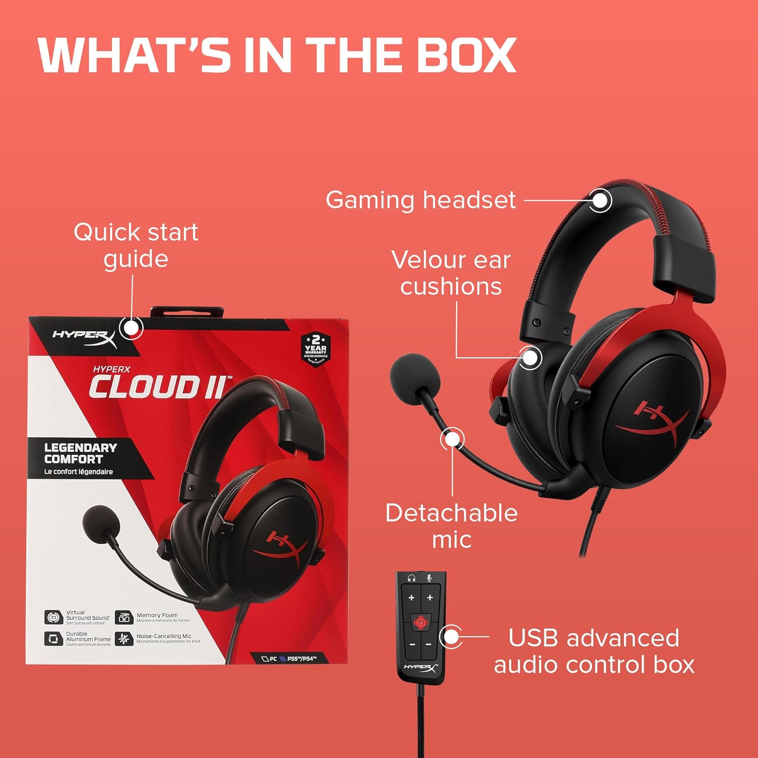 HyperX Cloud II Gaming Headset - 7.1 Surround Sound - Memory Foam Ear Pads - Durable Aluminum Frame - Multi Platform Headset - Works with PC, PS4, PS4 PRO, Xbox One, Xbox One S - Red (KHX-HSCP-RD) - Image 8