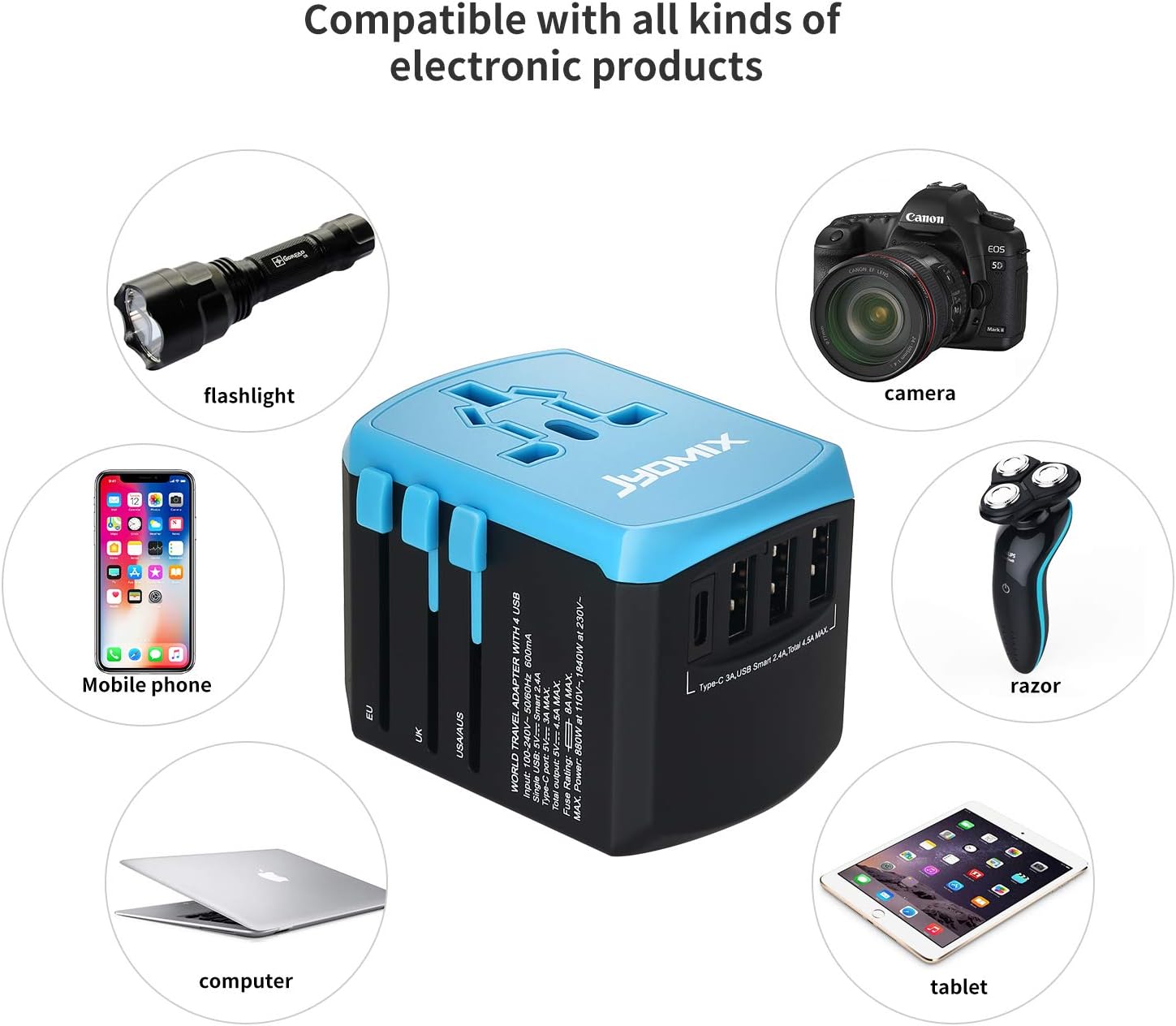 All in One Universal USB Travel Power Adapter with 3 USB Port and Type-C International Wall Charger Worldwide AC Power Plug 8 Pin AC Socket for Multi-Nation Travel UK, EU, AU, Asia - Image 4