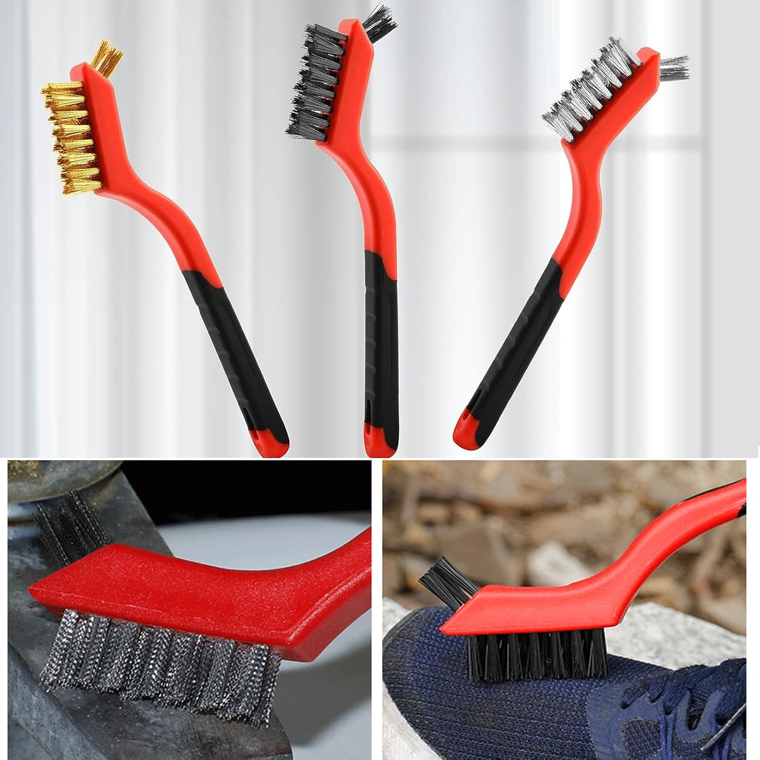 Wire Brush 9Pcs Metal Scrubber - Nylon/Brass/Stainless Steel Bristles with Curved Handle Grip for Cleaning Rust Removal, Dirt, Paint Scrubbing with Deep Cleaning – 7 Inches - Image 7