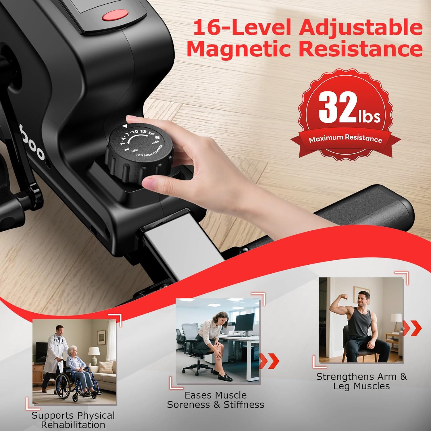 pooboo Under Desk Bike Pedal Exerciser, Quiet Magnetic Mini Exercise Bike with 16 Resistance Levels, Arm & Leg Workout, Resistance Bands & Non-Slip Mat for Home Office Therapy - Image 5