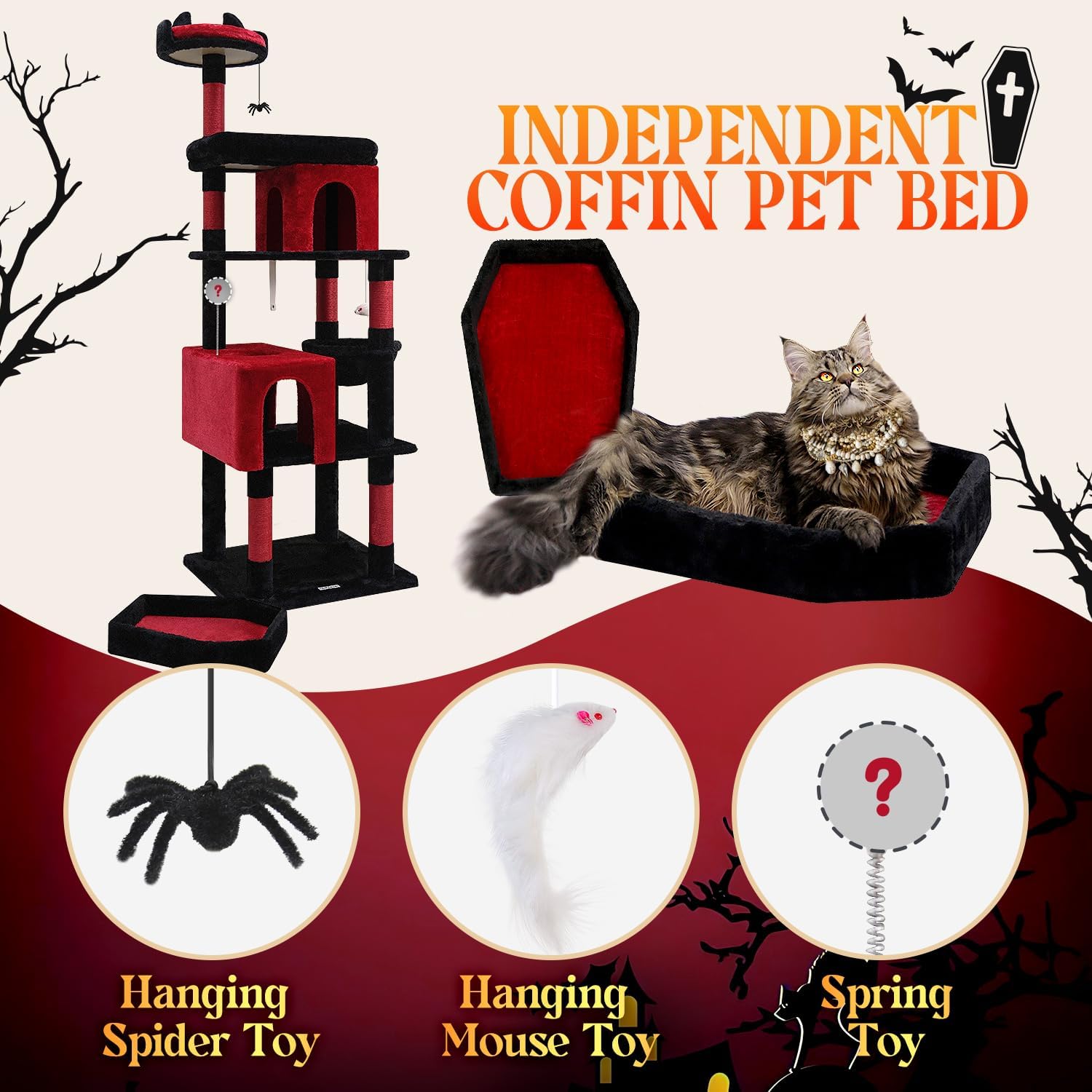 Globlazer Heavy Duty Gothic Cat Tree, 72in Large Cat Tower with Coffin Bed, Sturdy Maine Coon Cat Tree for Large Cats 20 lbs+, Medieval Castle Style with 6 Scratching Posts & Hammock, S72, Black & Red - Image 4