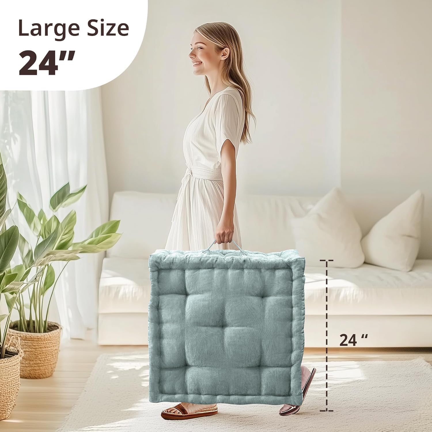 Intelligent Design Large Floor Pillow for Adults Yoga or Meditation Cushion with Handle, Floor Cushion for Board Games, Lustrous Chenille Tufted, Handsewn Scalloped Edge, Azza, 24" x 24" x 5" Aqua - Image 7