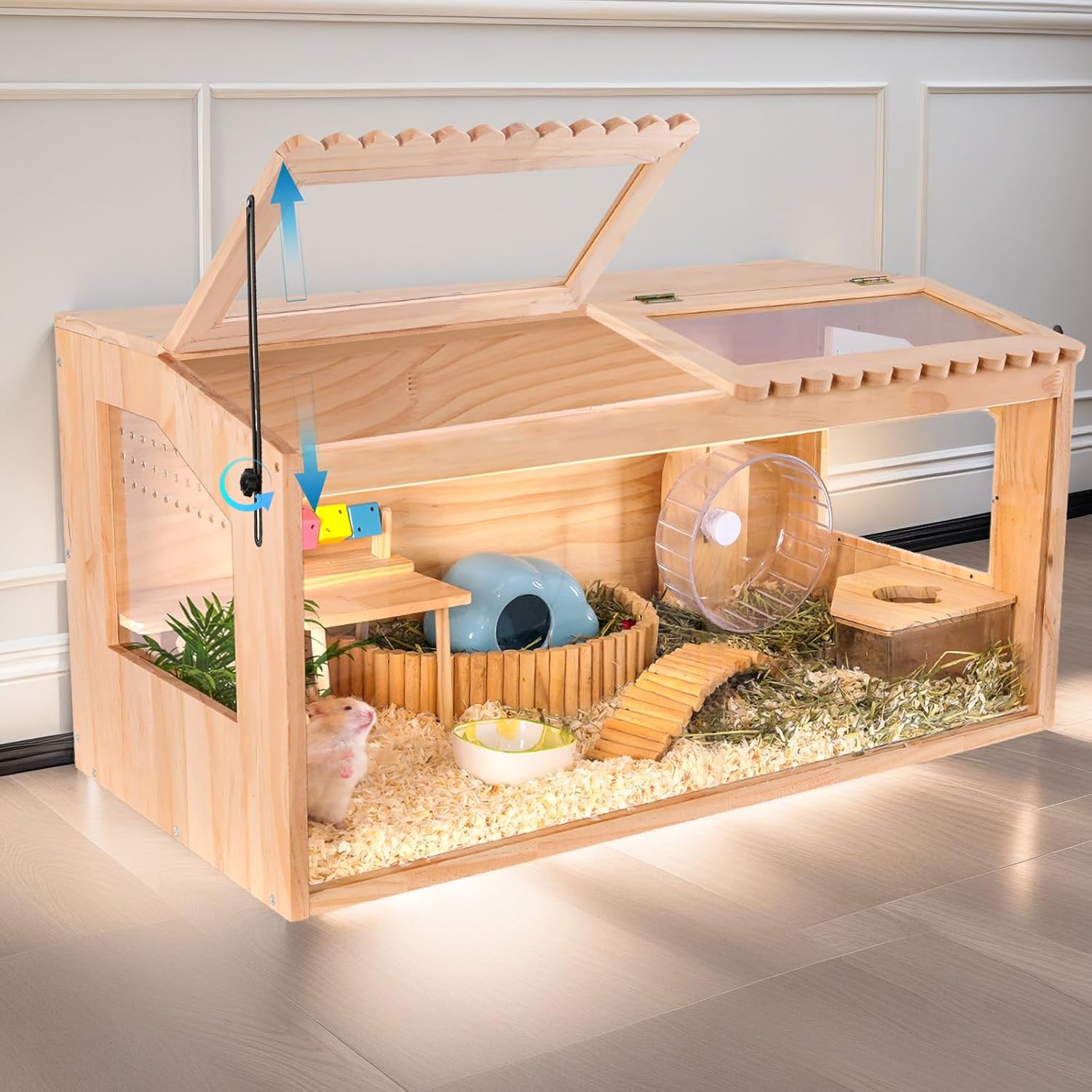 Wooden Hamster Cage,32"x16"Large Hamster Cage,2 Washable Liners & 2 Adjustable Ventilation Window. Small Animal Cage for Dwarf Syrian Hamsters Degus Mice & Other Small Pets.
