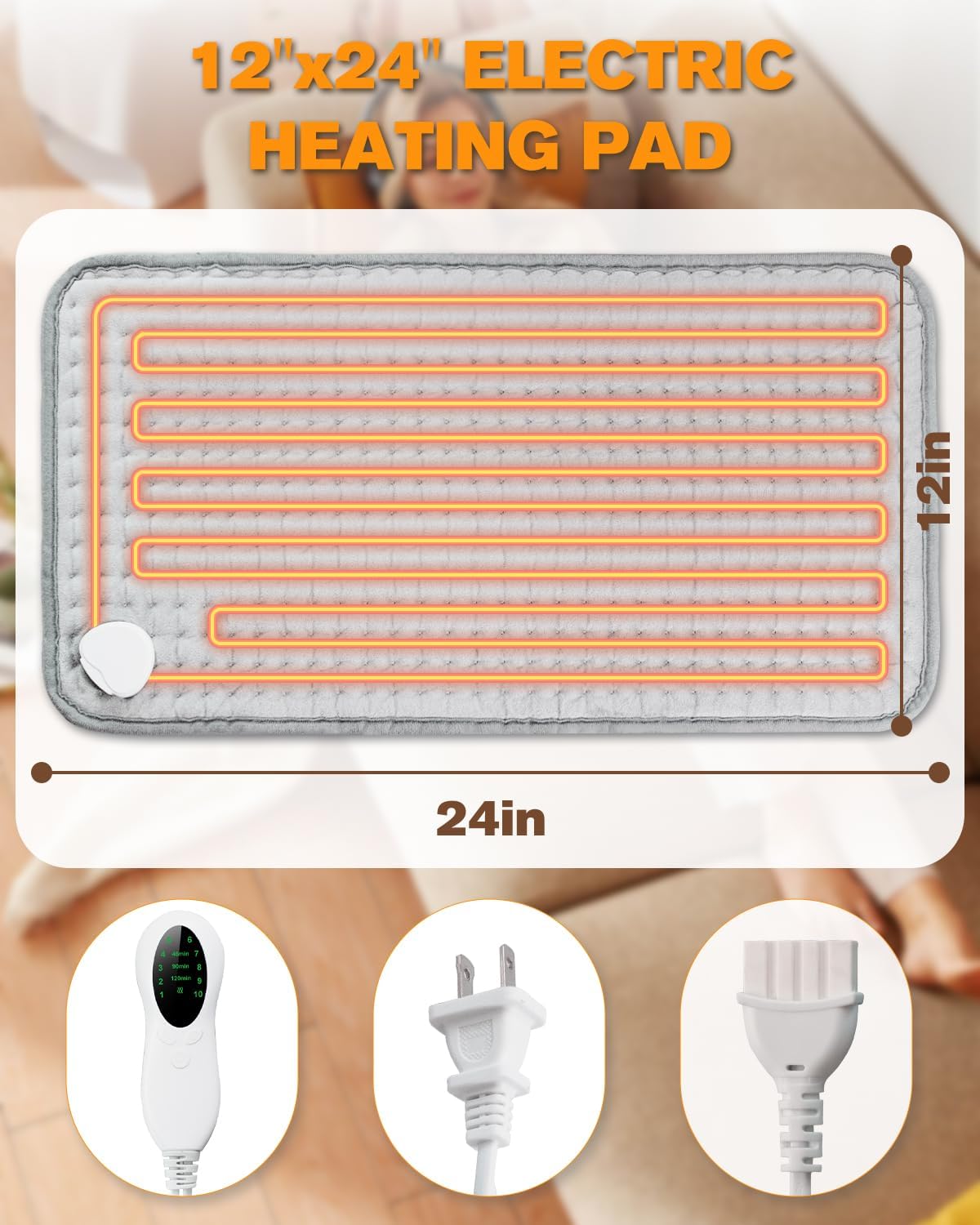 Electric Heating Pad for Period Cramps & Back Pain Relief, Birthday & Mothers Day Gifts for Mom Dad Women Men, Portable Heat Pad for Neck and Shoulders, 10 Heat Settings, ETL Certified, 12"x24", Gray - Image 6
