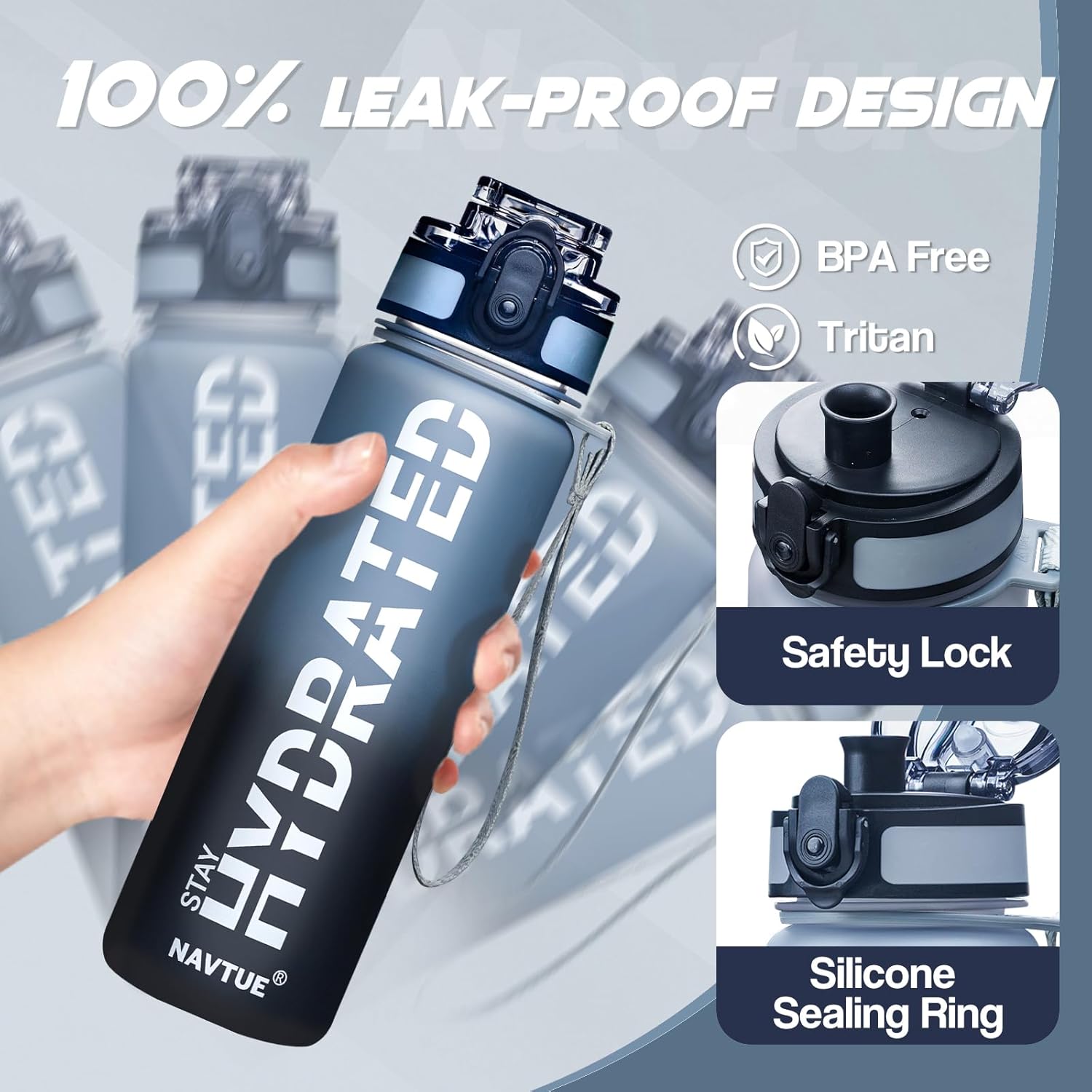 Water Bottle, 16.9 OZ Sports Water Bottles with Time Marker Wide Mouth, Motivational and Leakproof Drink Bottle, BPA Free Tritan with Carry Strap for Gym Fitness Outdoor(1 Bottle) - Image 3