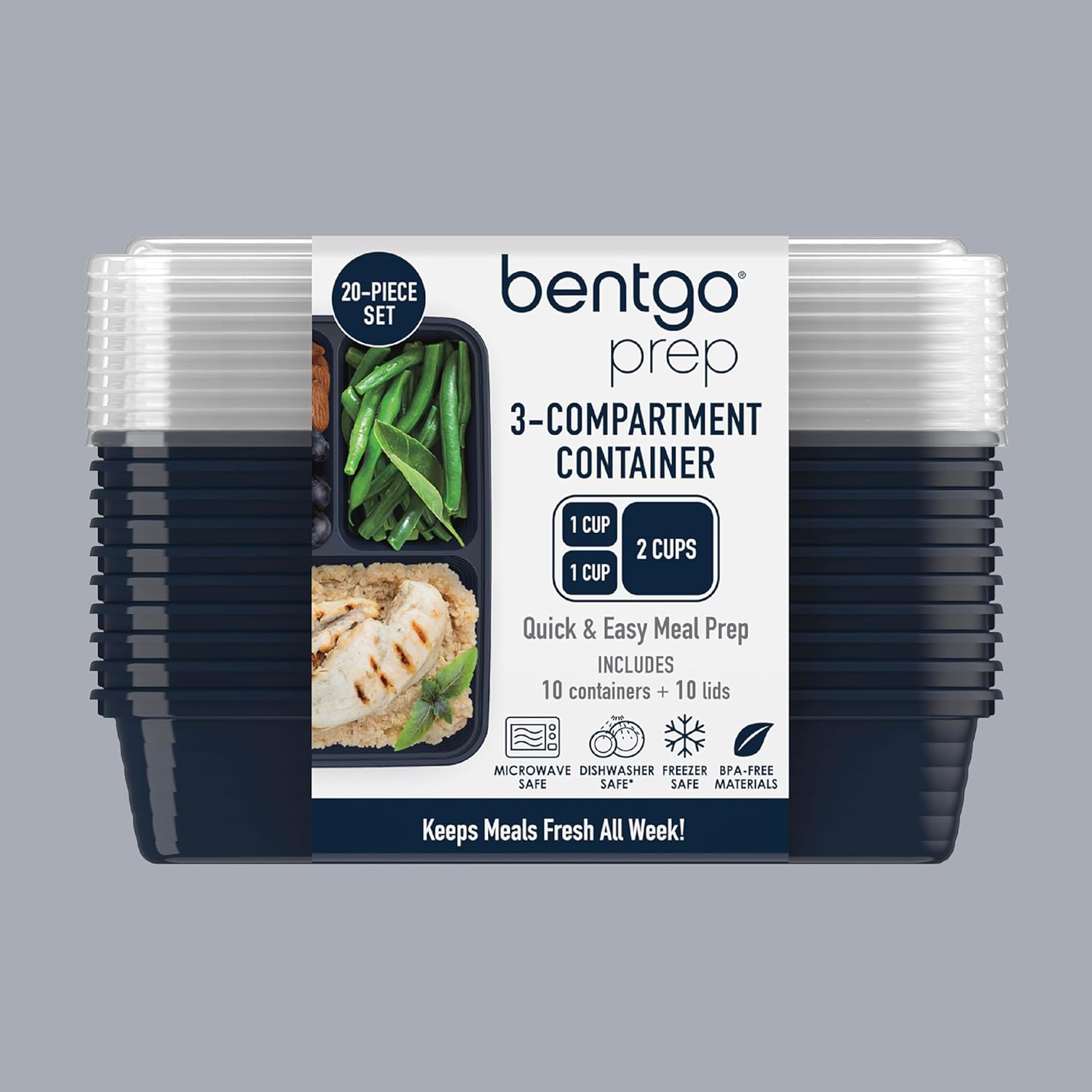Bentgo Prep - 20-Piece 3-Compartment Reusable Meal Prep Containers with Lids, PFAS & BPA Free Materials, Durable, Microwave, Freezer, & Dishwasher Safe To Go Food Storage (Navy Blue) - Image 8