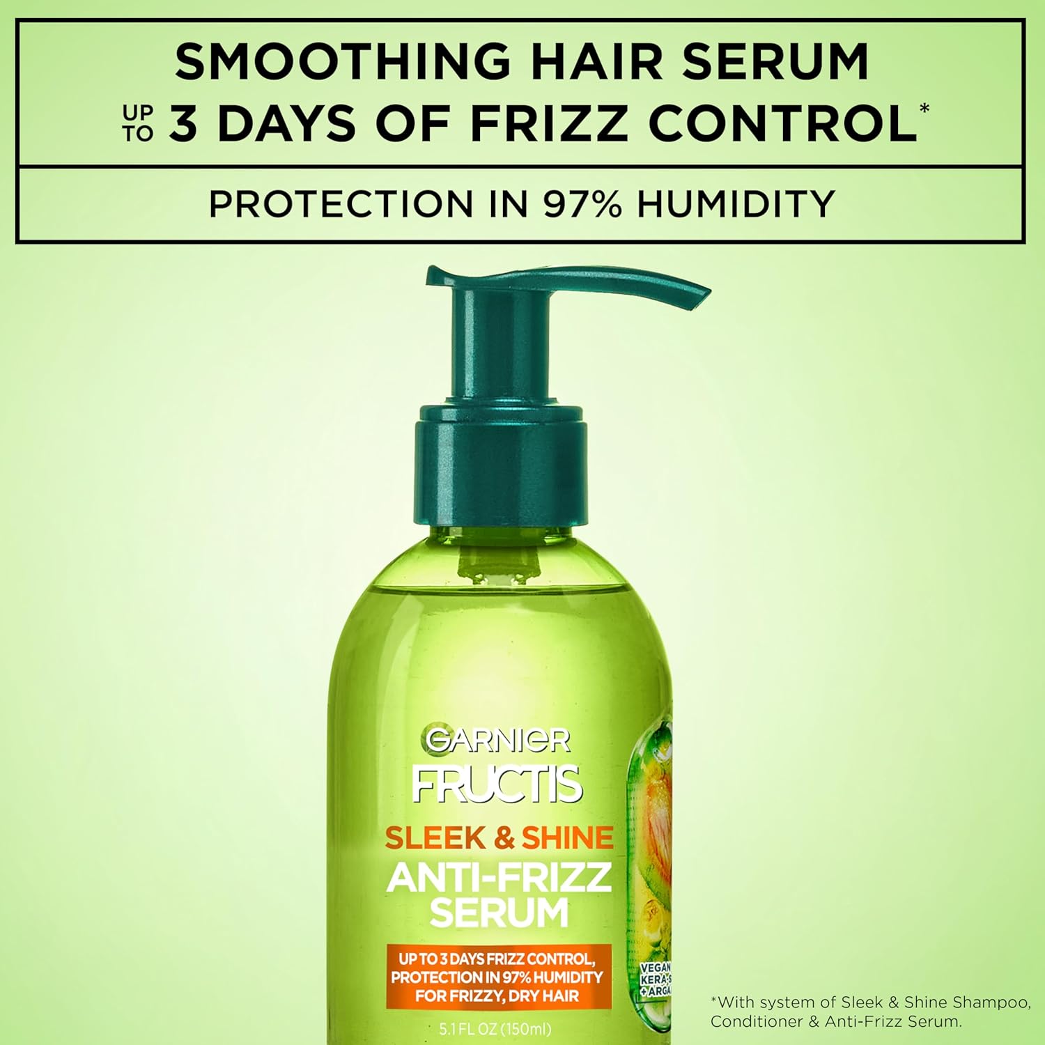 Garnier Fructis Sleek & Shine Anti-Frizz Serum for Frizzy, Dry Hair, Argan Oil, 5.1 Fl Oz, 1 Count (Packaging May Vary) - Image 2