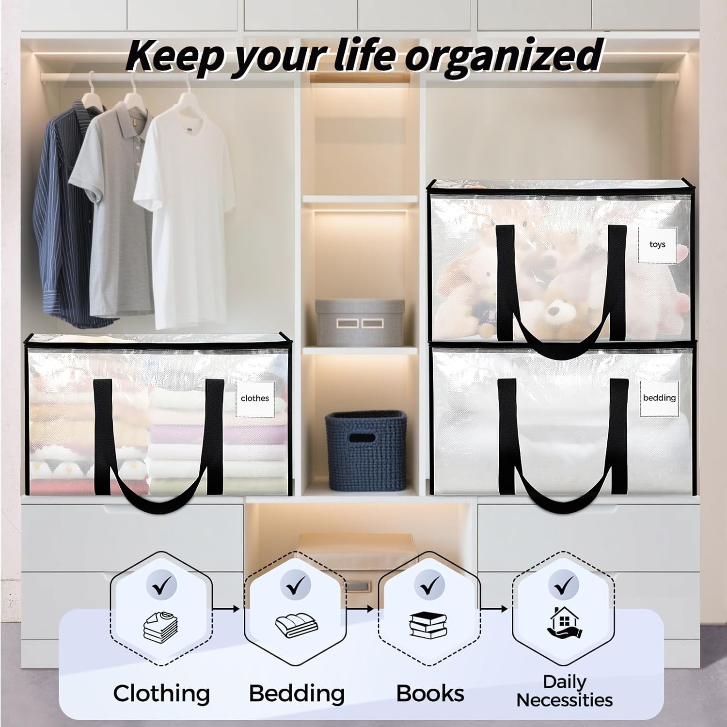 8 Pack Extra Large Heavy Duty Moving Bags, Clear Storage Bins with Lids, Reinforced Handles & Heavy-Duty Zippers Moving Boxes Storage Bags Totes for Clothes Packing, Dorms, College Supplies, Clear - Image 7
