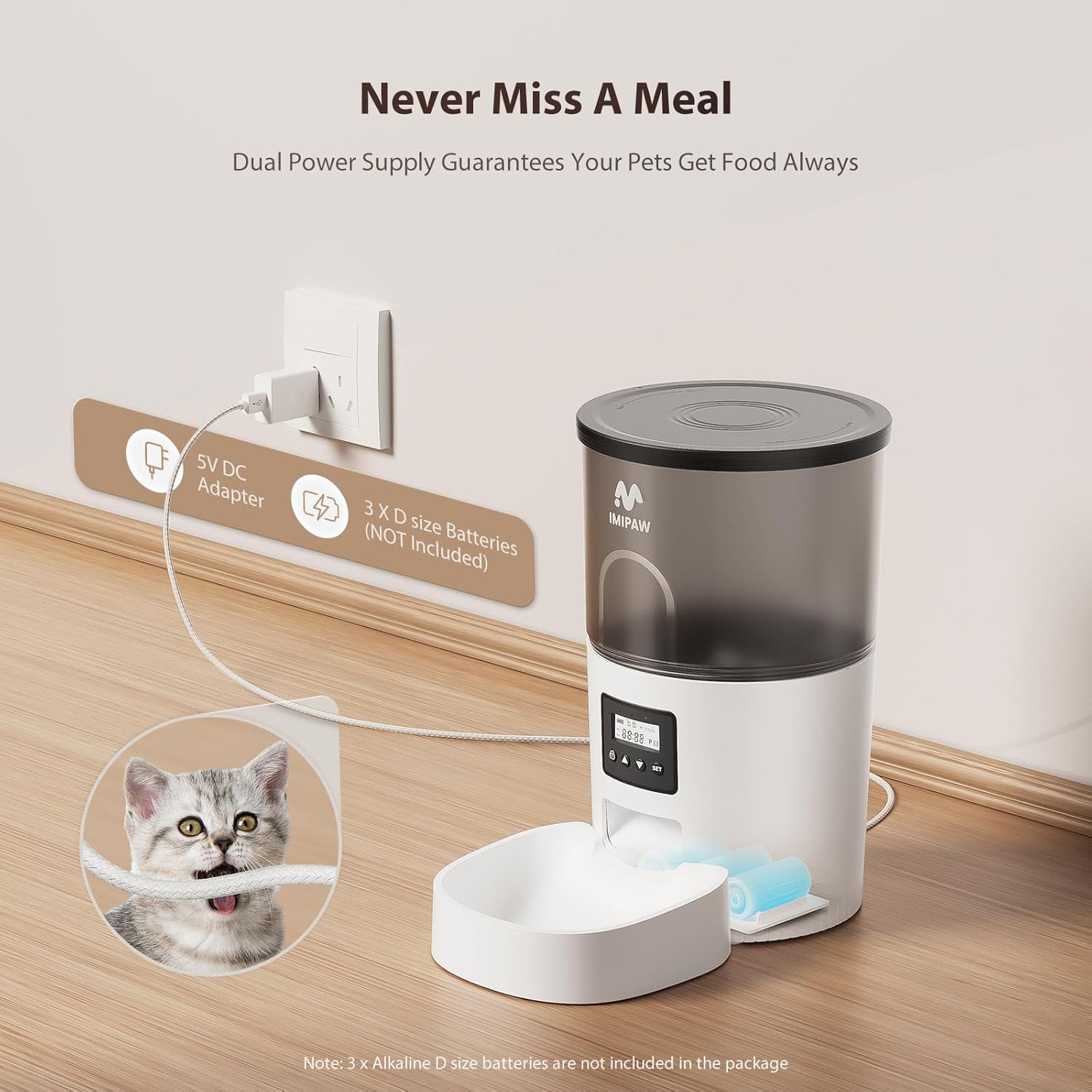 IMIPAW Automatic Cat Feeders, 3L Timed Cat Dry Food Dispenser with Desiccant Bags, Dual Power Supply, Programmable Portion Size, 6 Meals, 20 Portions Per Day, Auto Pet Feeder for Cats and Small Dogs - Image 4