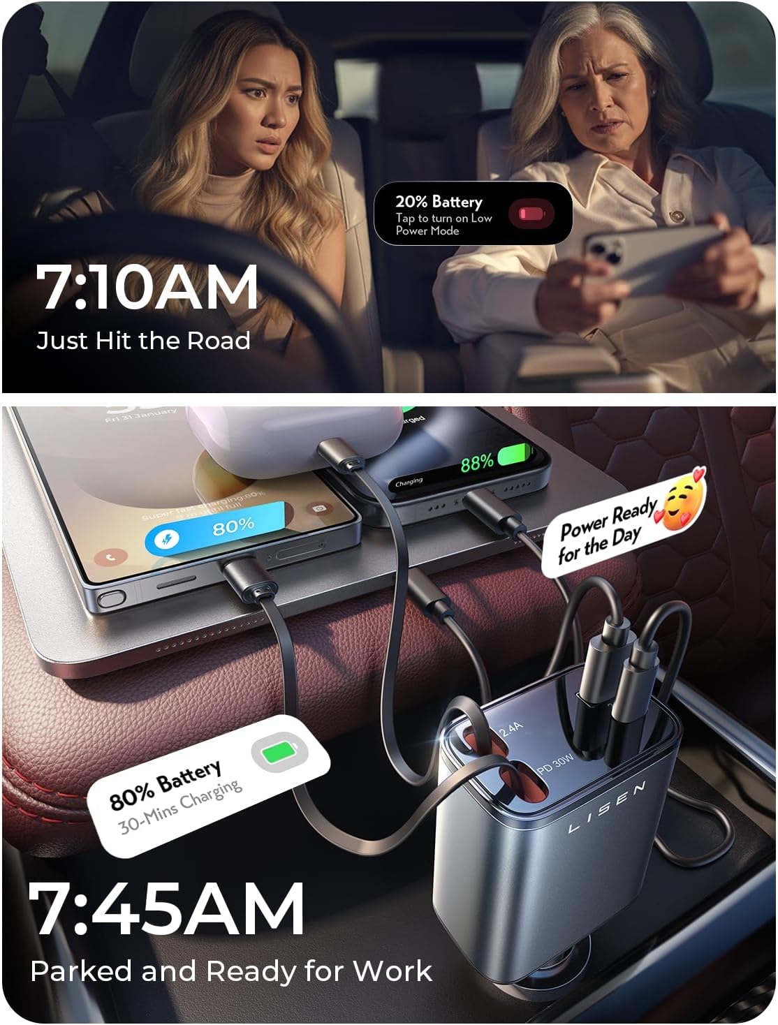 LISEN Retractable Car Charger, Gifts for Men Women, Cars Adapter USB C Fast Charger, Car Accessories for Women Truck Organization storage Travel Essentials for iPhone 17 16 15 14 13 12 11, Samsung S26 - Image 5
