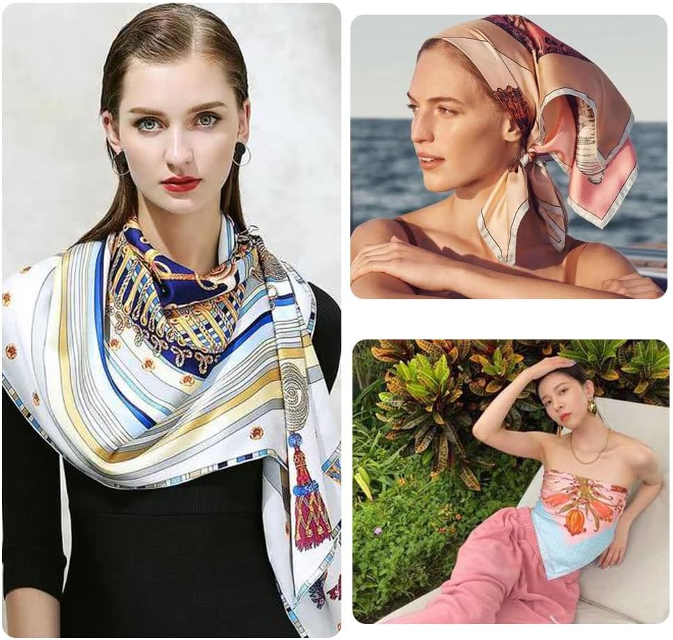 4Pcs Silk Head Scarves for Women Satin Hair Scarf 35”Large Square Bandana Silk Like Neck Scarf Shawl - Image 6