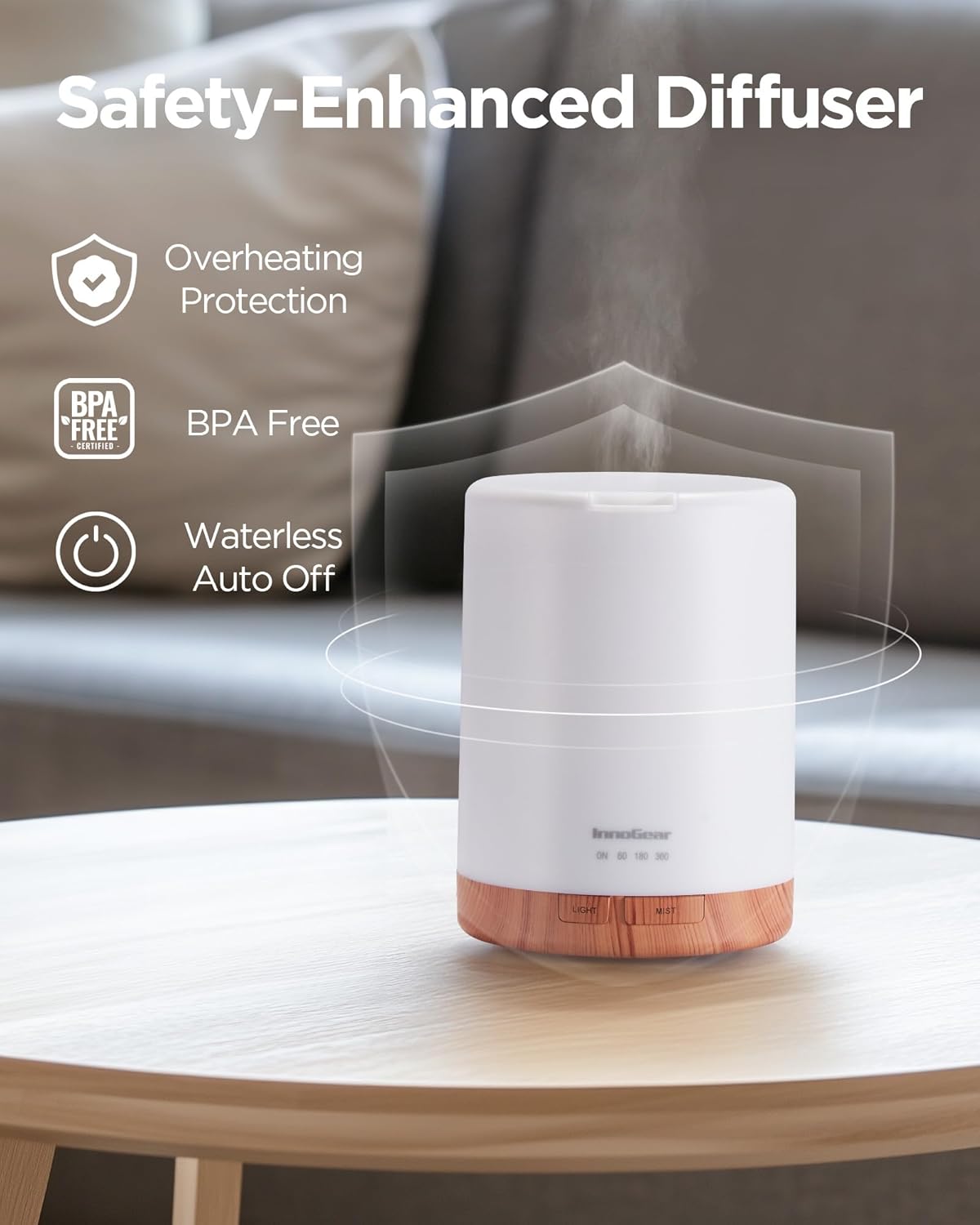 InnoGear Aromatherapy Diffuser & 8 Essential Oils Set, 300ml Premium 5-in-1 Ultrasonic Essential Oil Diffusers Scent Humidifier Aroma Diffuser Vaporizer Auto-Off Timer for Room Office Home, Yellow - Image 8