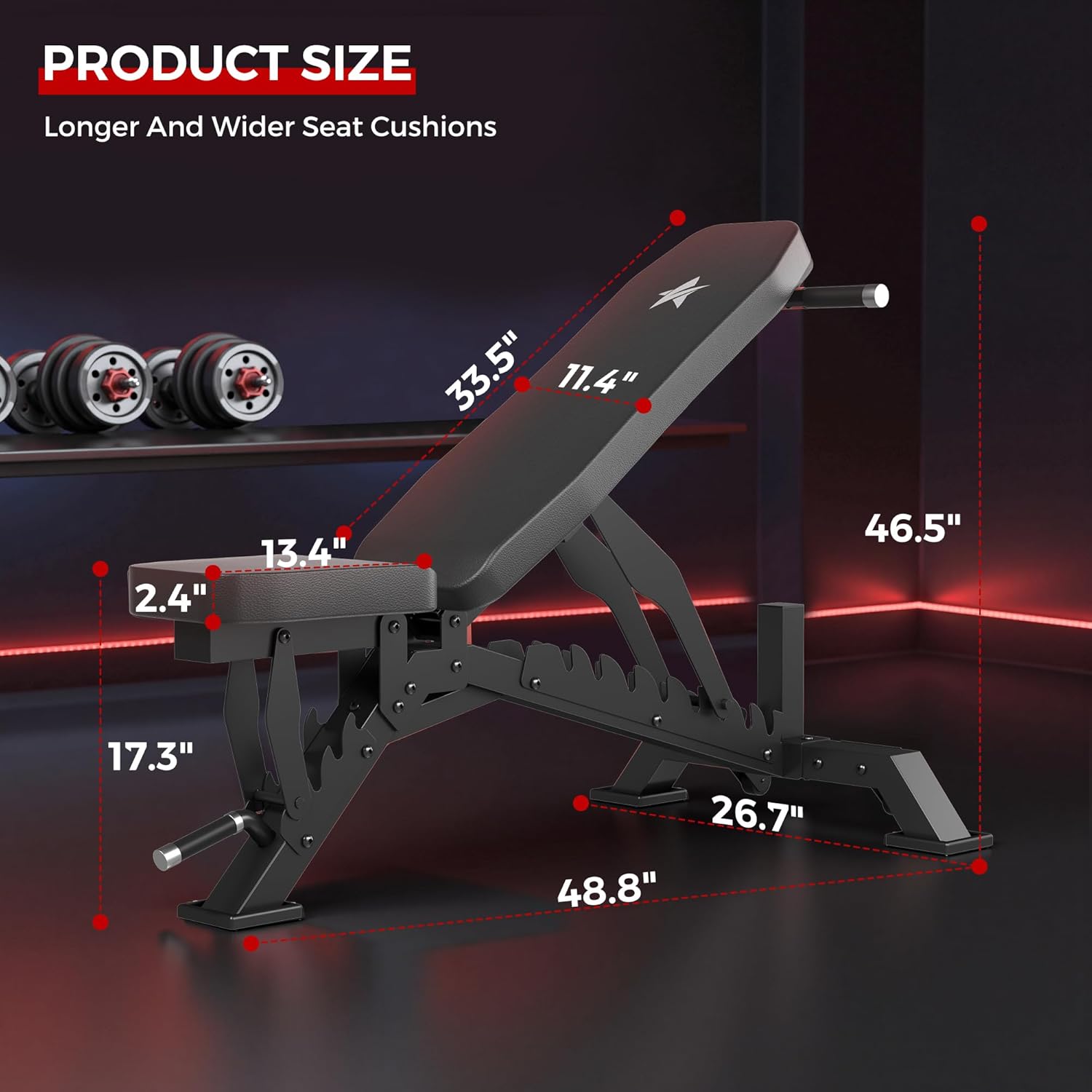 Weight Bench, Adjustable Workout Bench for Home Gym Full Body Workout, 1300LBS Weight Capacity Bench Press, Flat/Incline Bench with 33" Extra-Long Backrest & Wheels - Image 7