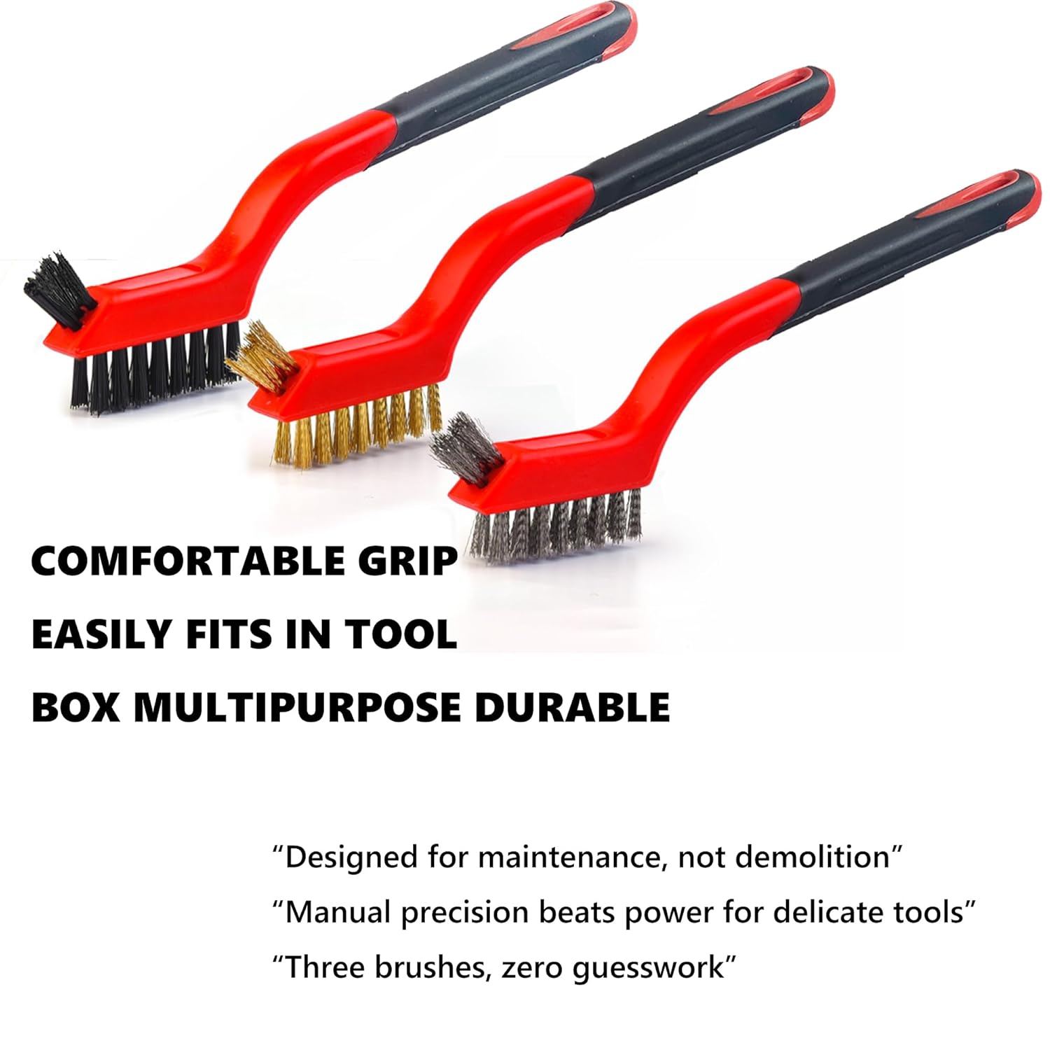 Wire Brush 9Pcs Metal Scrubber - Nylon/Brass/Stainless Steel Bristles with Curved Handle Grip for Cleaning Rust Removal, Dirt, Paint Scrubbing with Deep Cleaning – 7 Inches - Image 4