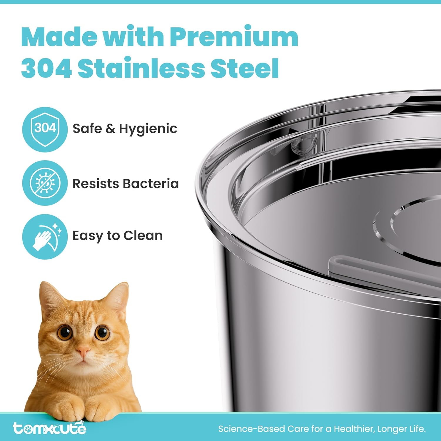 Tomxcute Cat Water Fountain, 3.2L/108oz Automatic Stainless Steel Pet Fountain Dog Water Dispenser, Ultra-Quiet Pump and 3 Replacement Filters & for Cats, Dogs, Multiple Pets - Image 2
