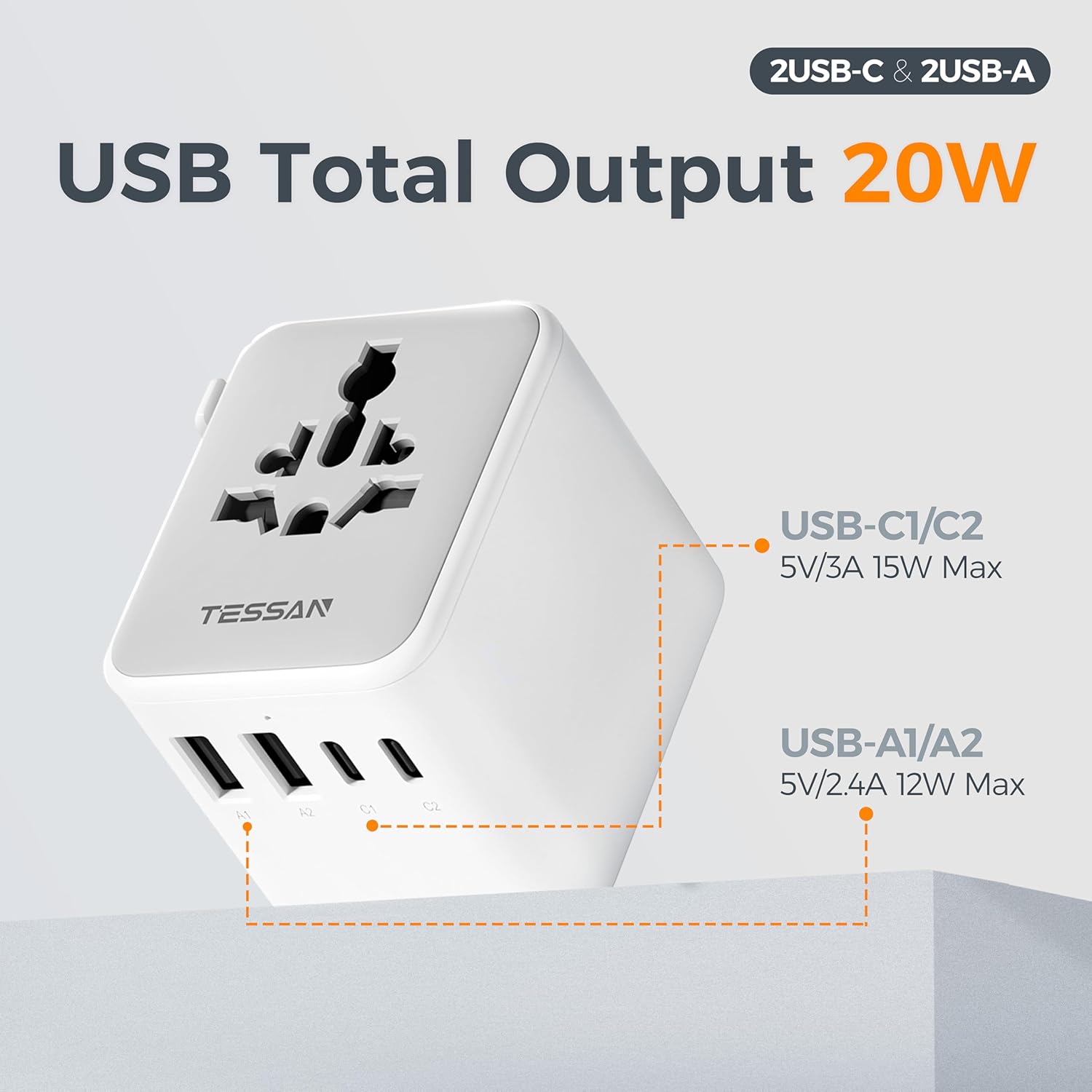 TESSAN Universal Travel Adapter, International Power Adapter with 2 USB C 2 USB A Ports, Travel Plug Adaptor Worldwide for US to Europe UK Italy Ireland Australia France Germany(Type C G A I) - Image 4