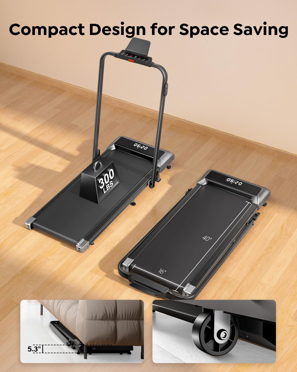 Walking Pad Treadmill with Incline, 2 in 1 Foldable Treadmills for Home Small Office, 300lbs Portable Compact Under Desk Treadmill with App, Remote Control and LED Display - Image 8