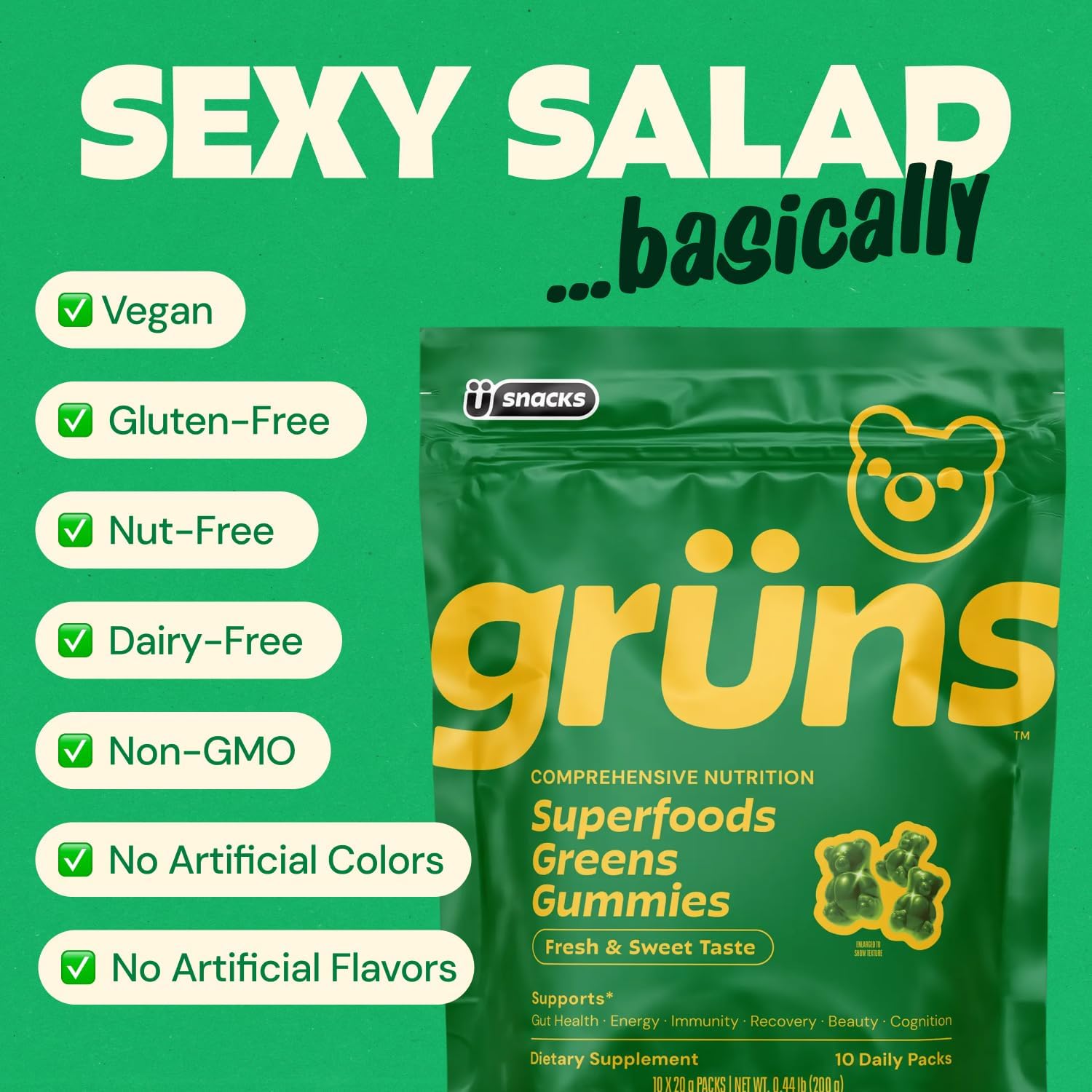 Gruns Adults Super Greens Gummies, Multivitamin Superfood Gummy Bears, Spirulina, Chlorella, Prebiotics & Fiber Gummies for Digestive Health, Adaptogens Supplement, 20 Vitamins & Minerals, 10 Count - Image 7