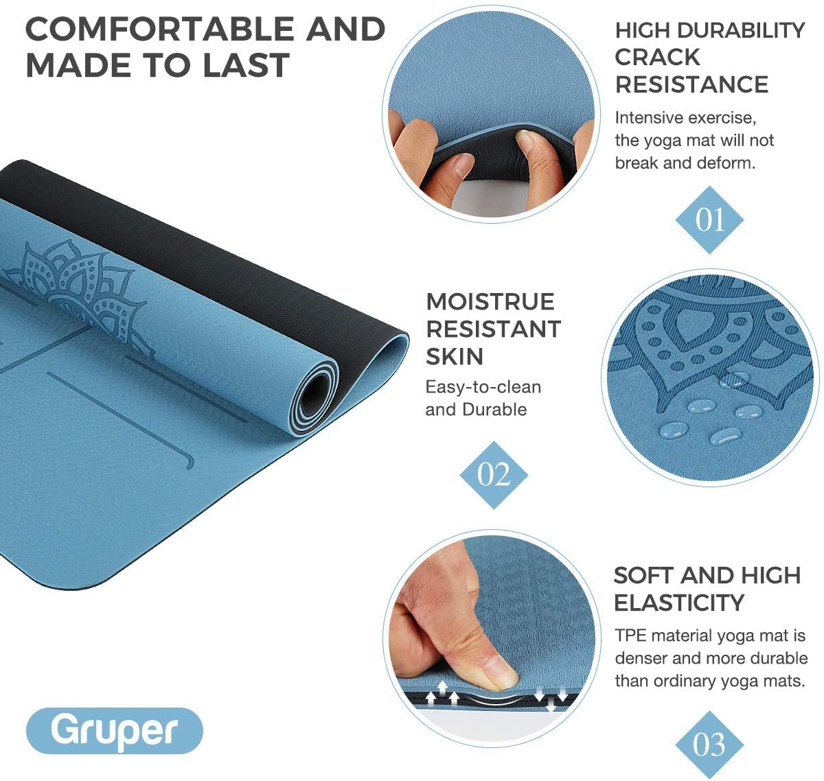 Gruper Yoga Mat Non Slip TPE Extra Wide Yoga Mat with Alignment Mark, 72"L x 32"W x 0.32"/0.24"Th (183cm x 80cm x 8mm/6mm), Anti-Tear Exercise Mat with Carrying Strap and Bag, Workout Mats for Yoga, Pilates - Image 5