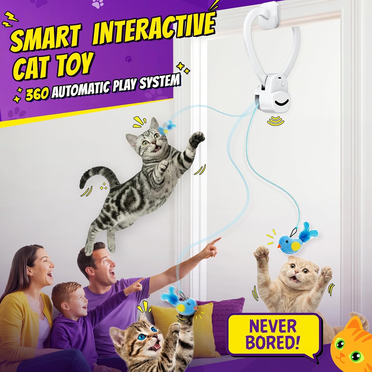 Interactive Cat Toys for Indoor Cats: Automatic Flying Bird Feather Wand Chase Exercise Enrichment Stimulation, USB Rechargeable Durable Safe Hanging Toy for Bored Kittens Adult Multi Cat Households - Image 2