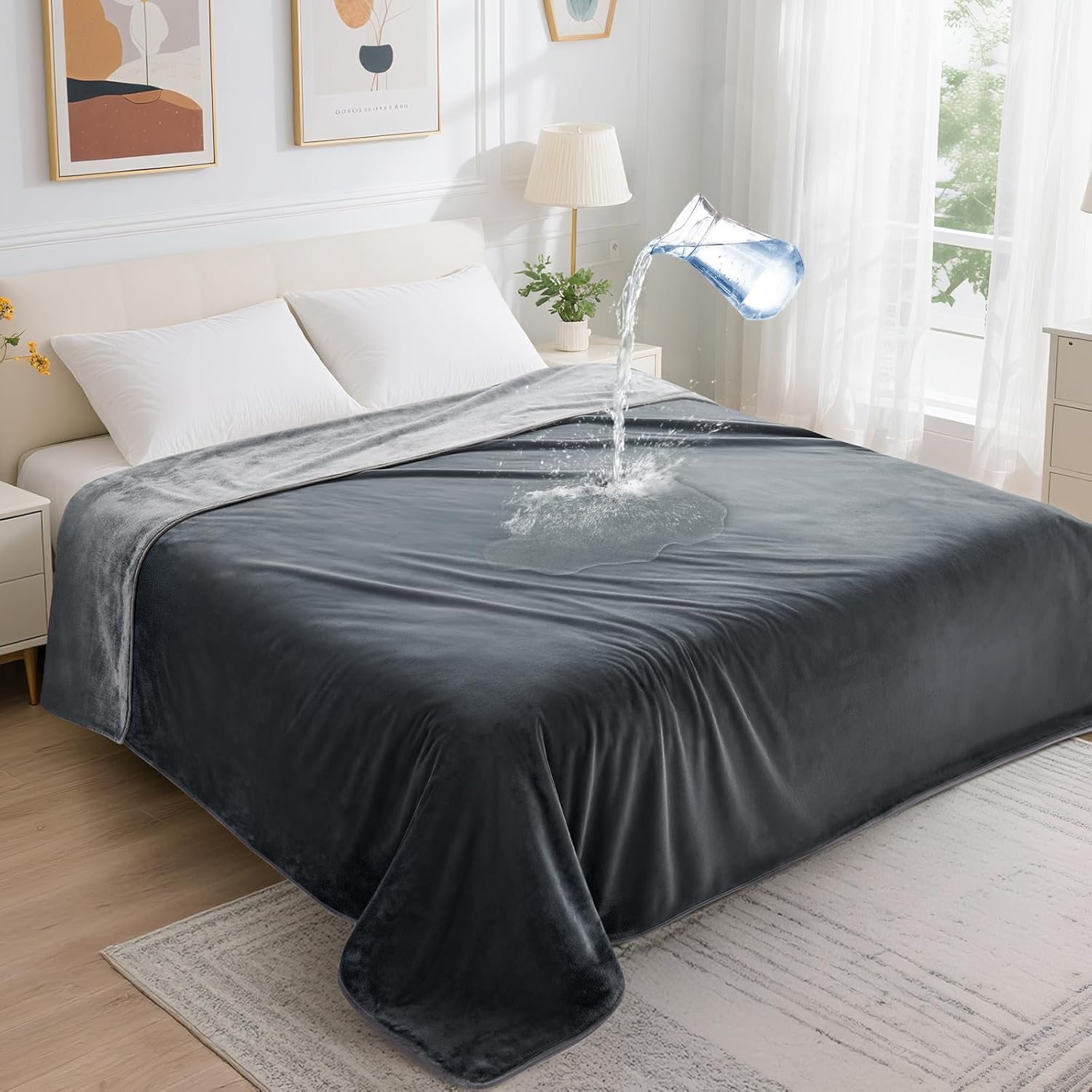 LOOBANI Waterproof Blanket for Bed: Reversible Soft Flannel Twin Bed Blanket 60" x 80", Leakproof Throw Spill-Proof Dog Pet Blanket for Couch, Sofa Protect, Movie Time, Camping, Travel, Grey