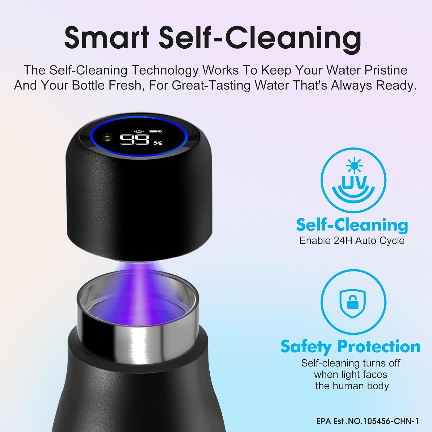 VSITOO 14.8oz Mini Smart Self-Cleaning Water Bottle,Small Insulated Stainless Steel Thermoses with AI Self-Clean, 30-Day Battery & Magnetic Charging for Travel, Gym, Office or Purse, Black - Image 2