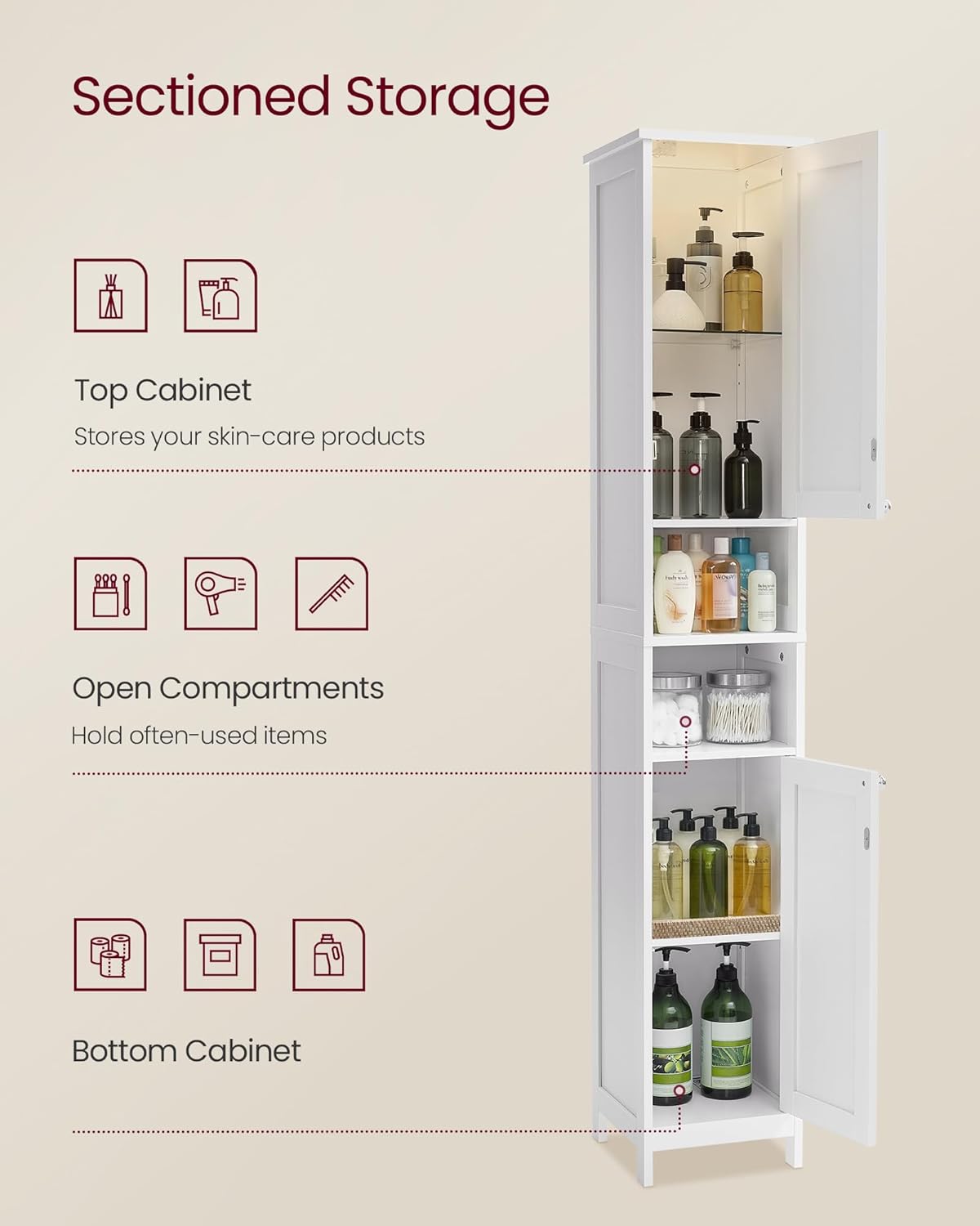 VASAGLE Tall Storage Cabinet with Lights, Slim Freestanding Cabinet with Adjustable Shelves, for Small Spaces, Bathroom, Living Room, Modern, 11.8 Inches Wide, Cloud White UBBC566W02V1 - Image 6