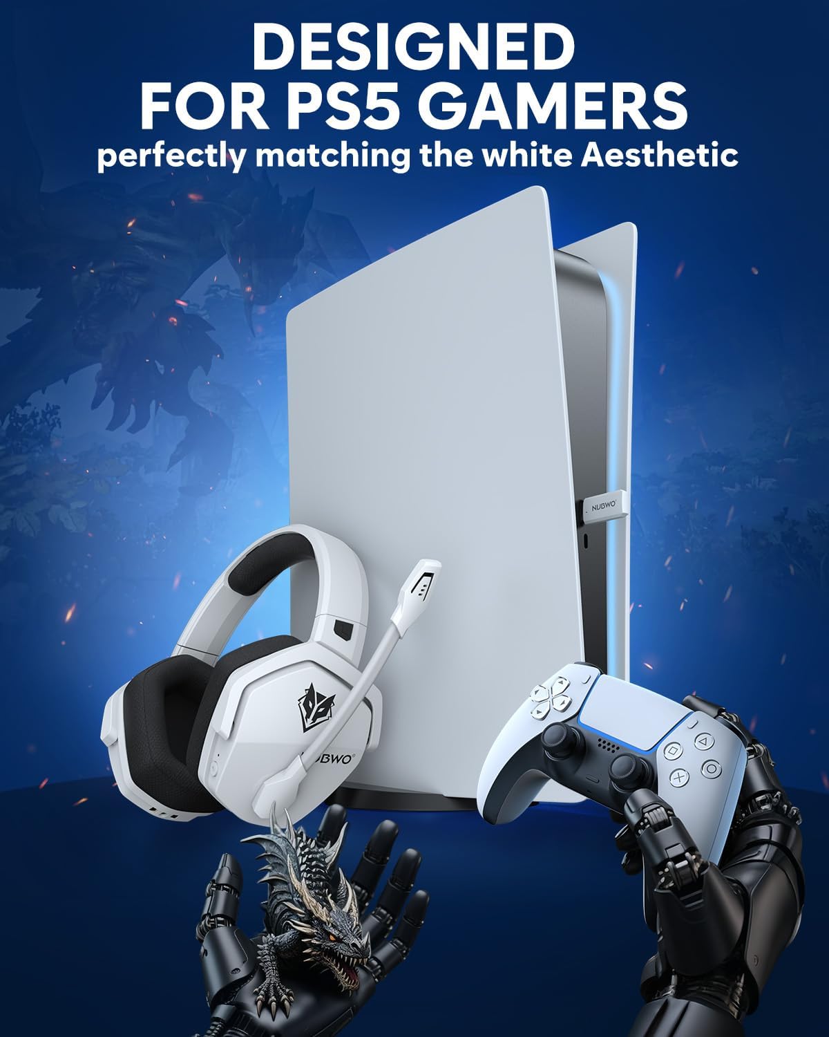 NUBWO Wireless Gaming Headset with Mic for Ps5 Ps4 PC, Zero Interference, 100-Hour Battery All-Day Play, 23ms Sync for Fortnite & Call of Duty/FPS Gamers, Triple Mode All Devices Compatible - White - Image 2