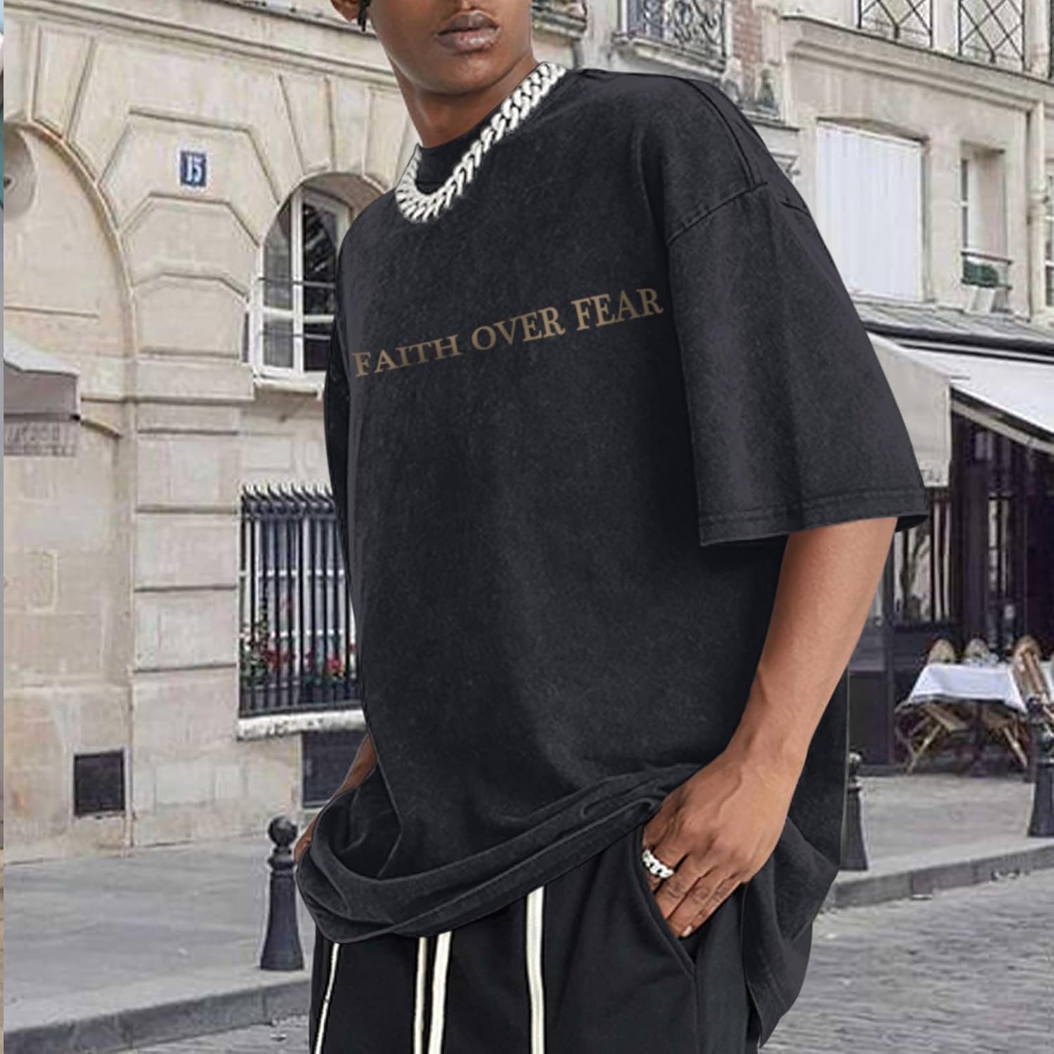Christian Faith Over Fear Shirt for Men Jesus Religious Shirts Oversized Graphic Tees Acid Wash God T-Shirt - Image 3