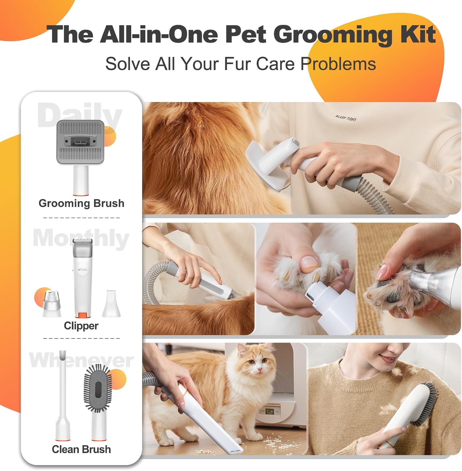 Afloia 6-in-1 Dog Grooming Kit, Pet Grooming Vacuum for Shedding, Dog Hair Vacuum with Clipper Nail Trimmer Grinder, Pet Brush Groomer at Home, Low Noise Cats Hair Remover, 1.5L Dust Cup, White - Image 2