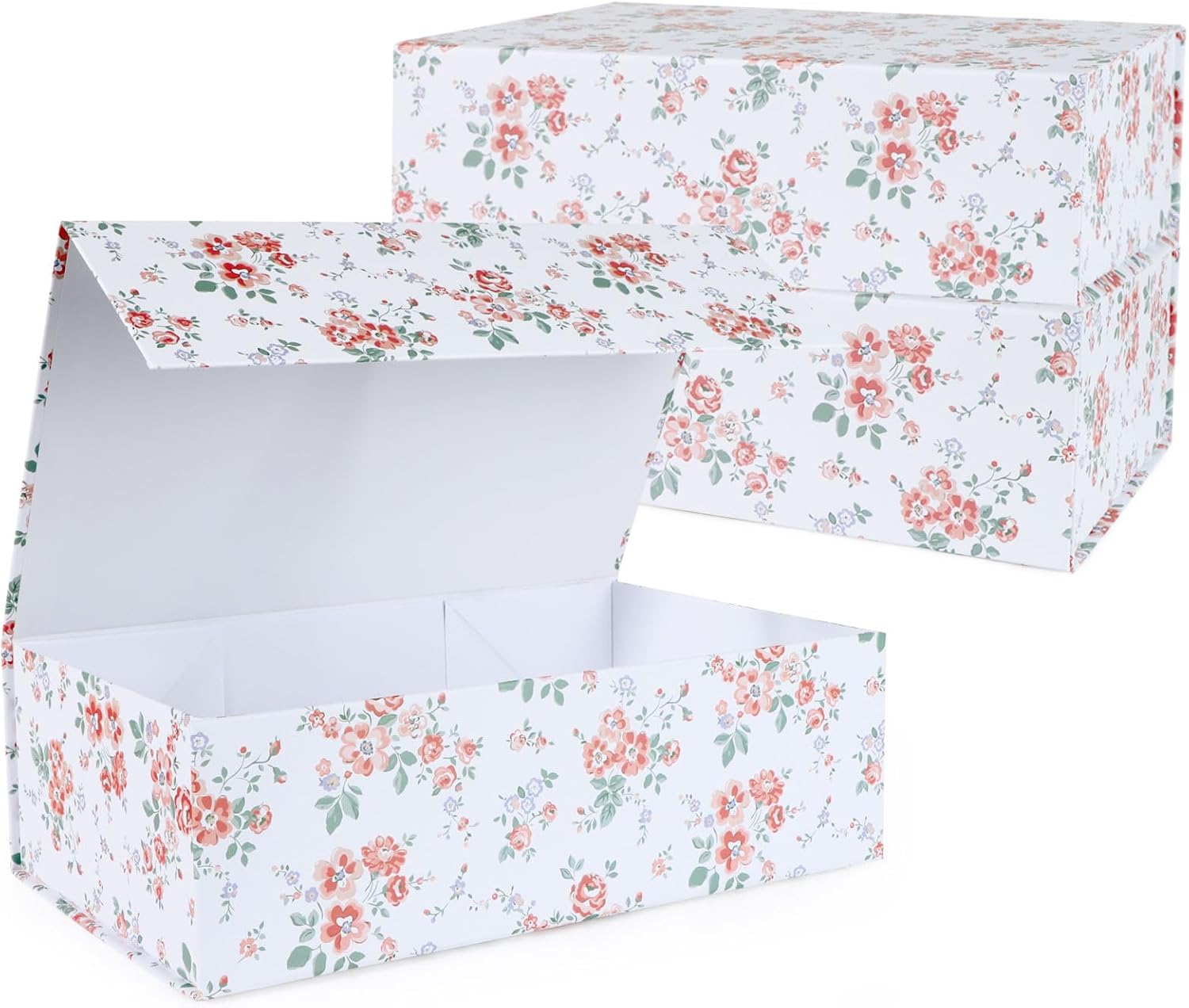 Rose Floral Gift Box with Magnetic Lids 13.8x8.3x4.4 in, Large Bridesmaid Proposal Boxes, Rectangle Wedding Decorative Storage Box 3 Pack