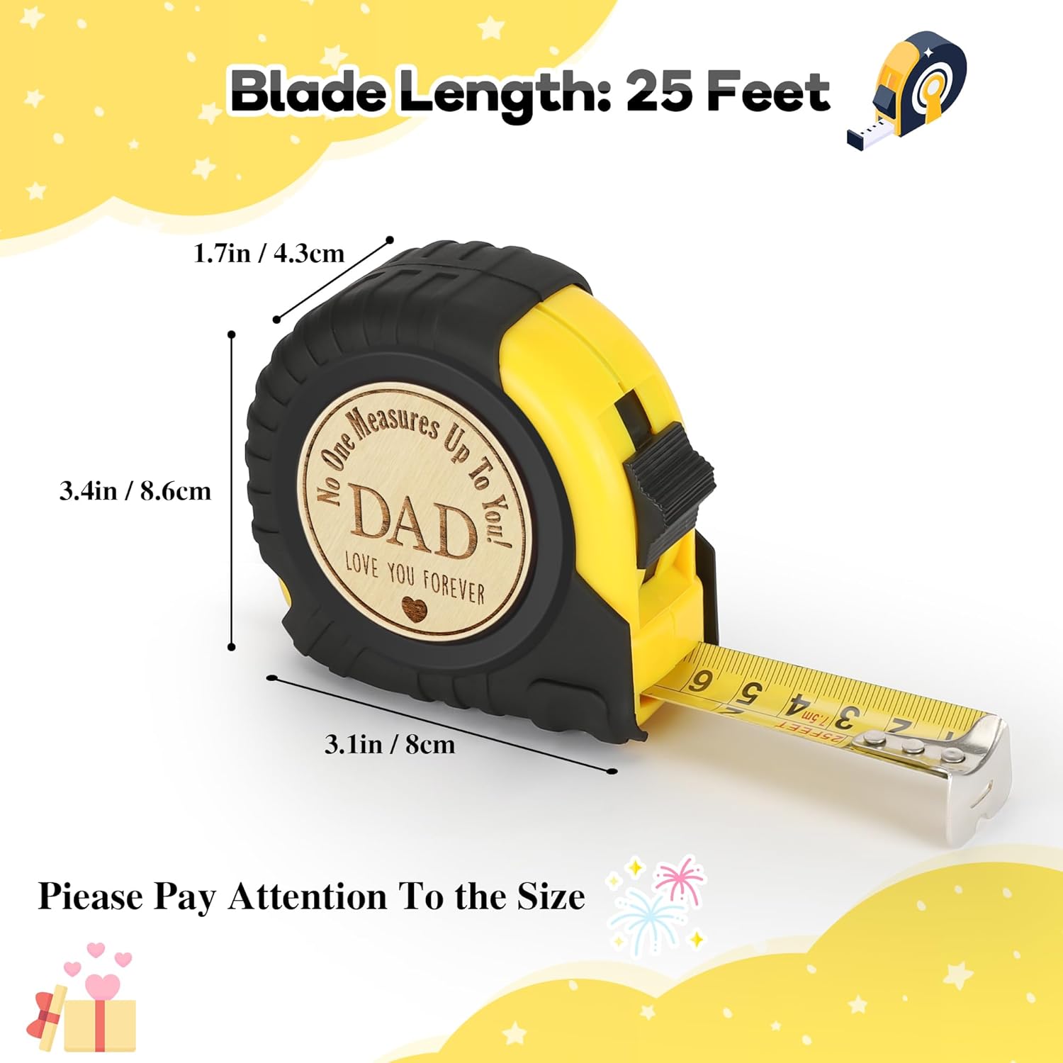Fathers Day Birthday Gifts for Dad, Dad Gifts from Son Daughter, Gift for Best New Daddy Father in Law Presents Useful Stuff, Tool Woodworker Carpenter Gift, Engraved Tape Measure 25 FT - Image 3
