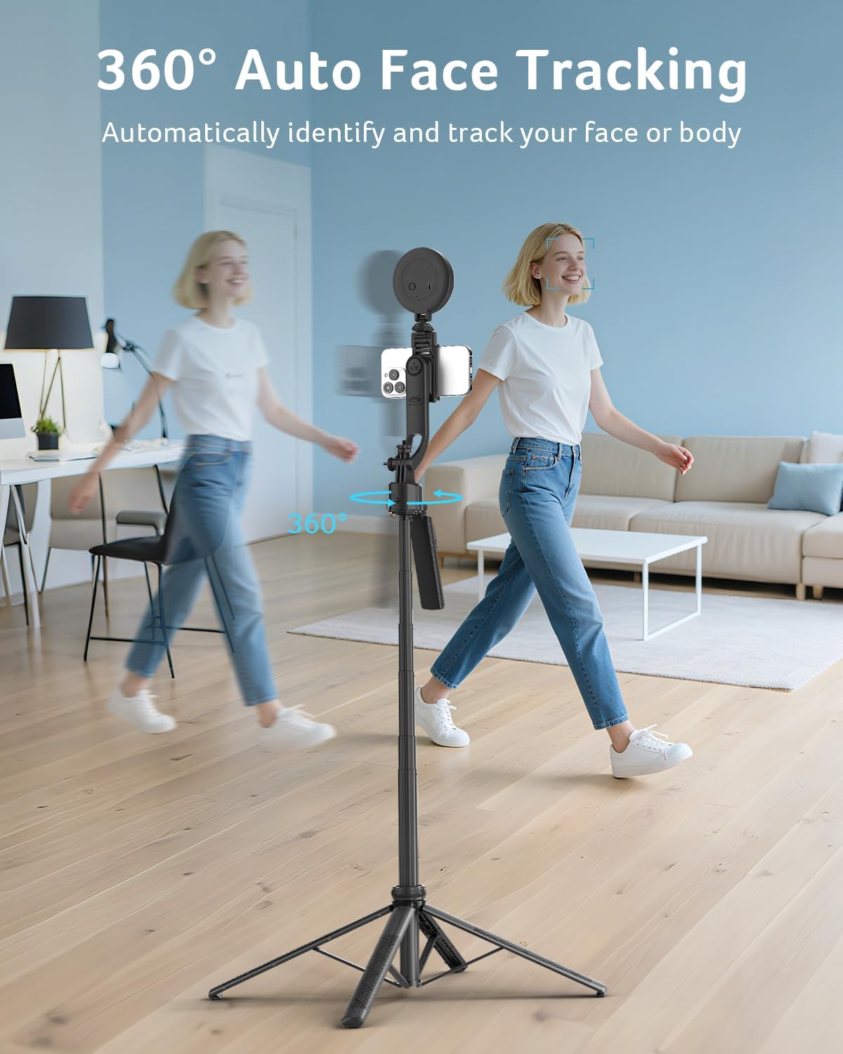 Acer Gadget Auto Face Tracking Tripod for iPhone/Cell Phone/Android/Camera with Light and Remote, 64", No App, 360°Rotating Tripod Selfie Stick for Tiktok YouTube Vlog Live Streaming Video Recording - Image 2