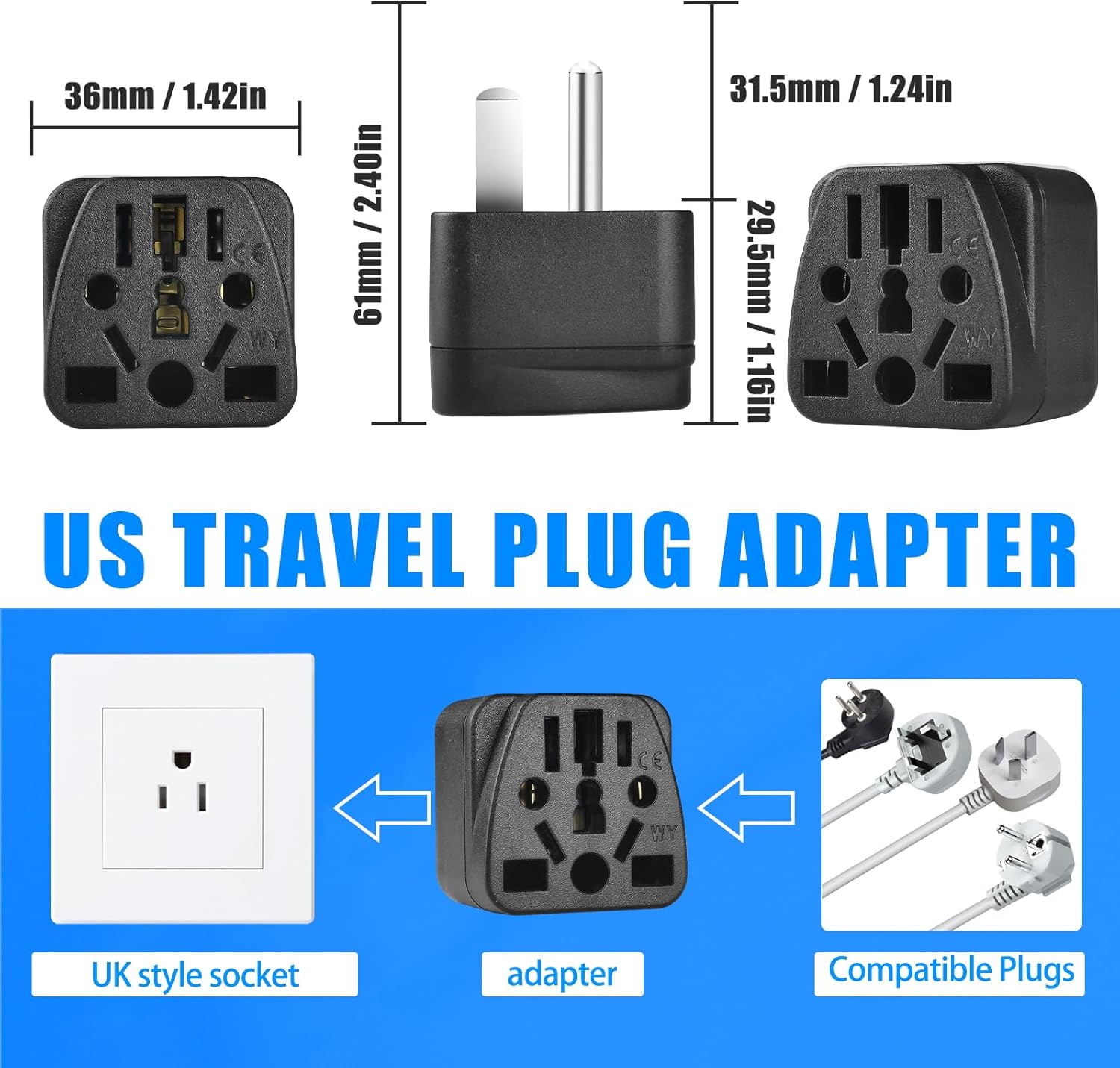 4 Pack UK to US Plug Travel Adapter, Universal to American Plug Adapter, European to US Plug Adapter, Adapter EU,AU,Italy,Brazil to US Travel Plug 3 Prong Adapter Black - Image 2