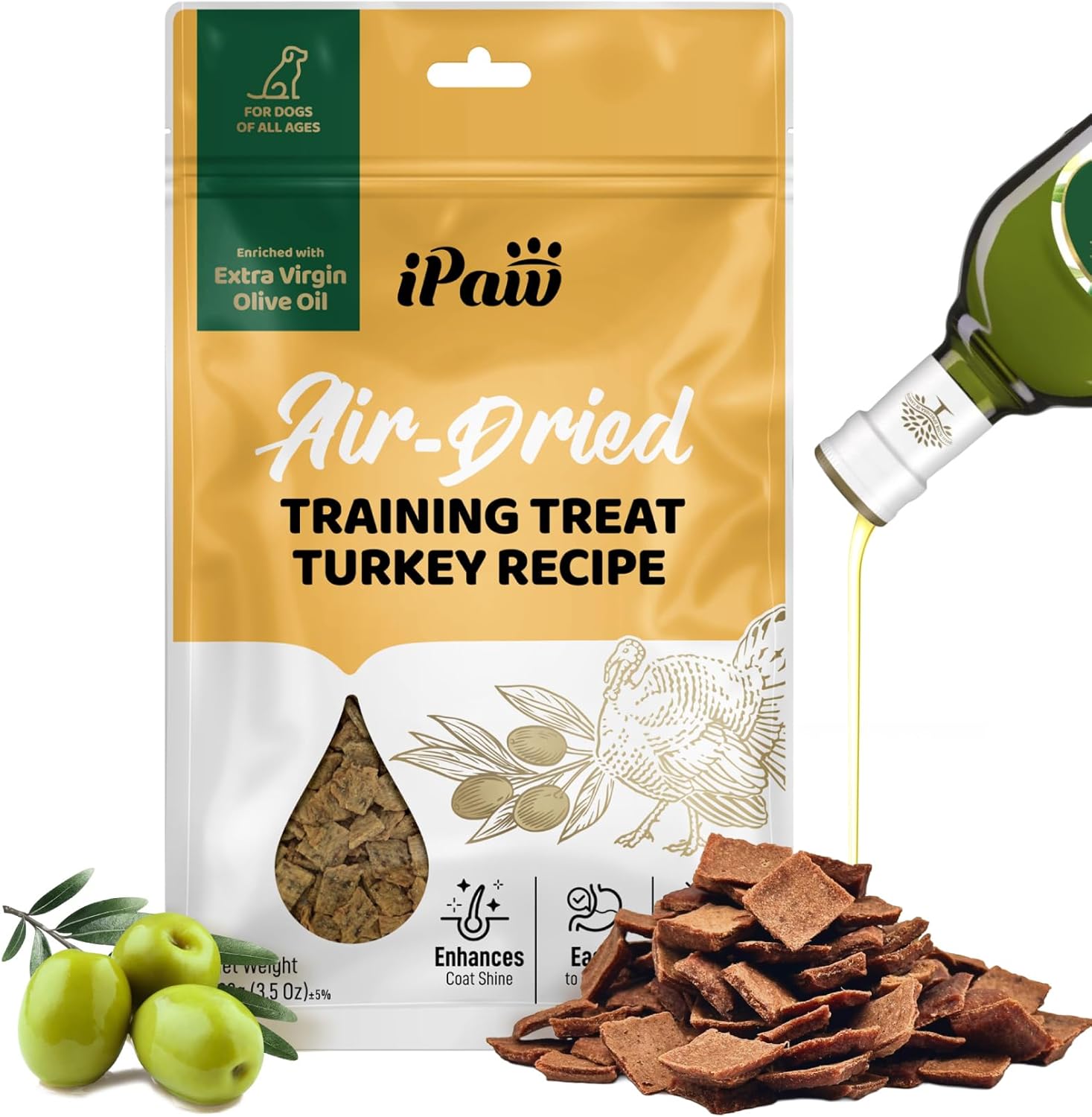 iPaw Air-Dried Turkey Dog Treats, Extra Virgin Olive Oil Added, Made with Turkey Meat, Chicken Heart and Duck Liver, High Protein, Soft Treats for All Age Dogs, Freeze-Dried Alternative (3.5oz/Pack)