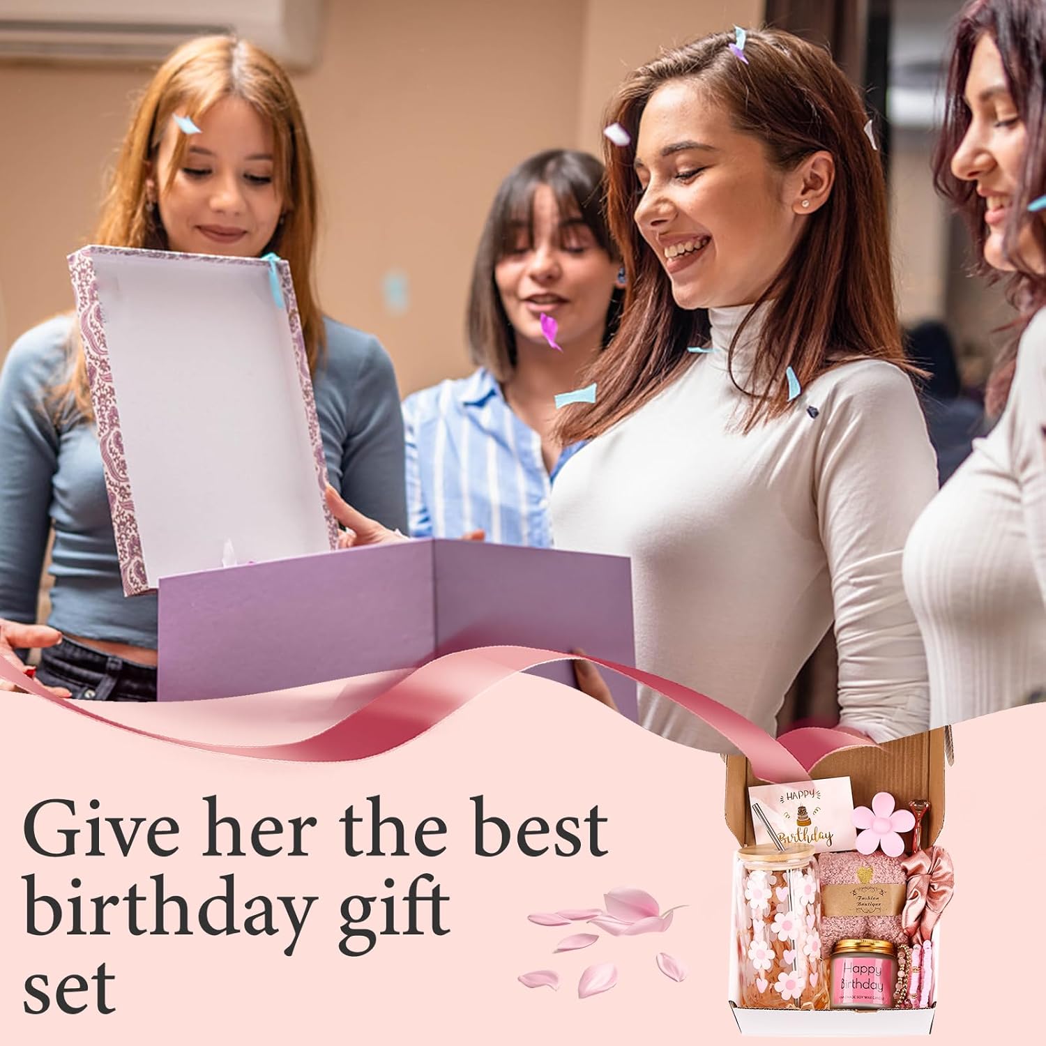 DHQH Birthday Gifts for Teen, Cute Inspirational Gift Daisy Presents Set Ideas for Sister Daughter Friends, Happy Birthday Gift Basket with Ice Glass Cup for Her (Pink) - Image 6