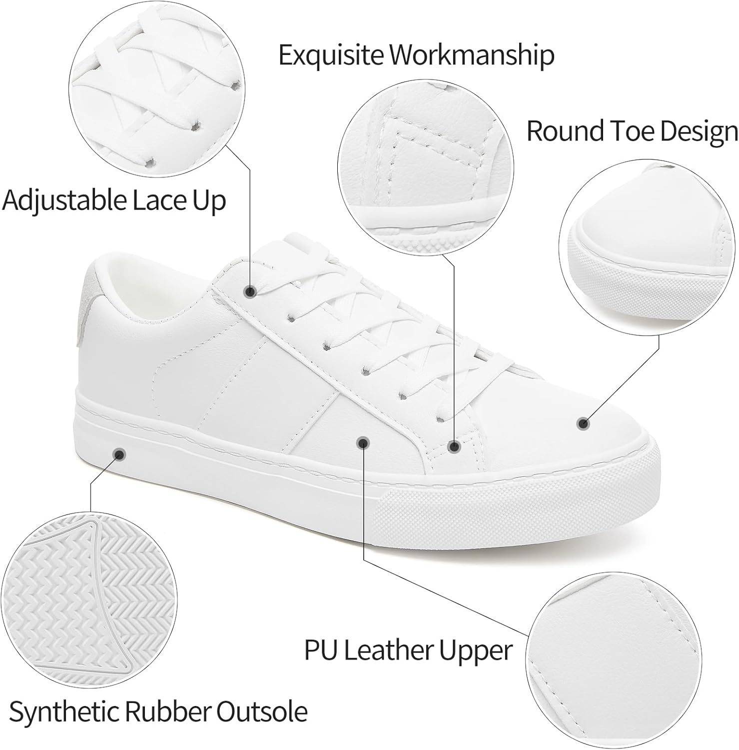 Adokoo Women's Fashion Sneakers PU Leather Casual Shoes White Tennis Low Top Shoes Womens Lace Up Sneakers - Image 3