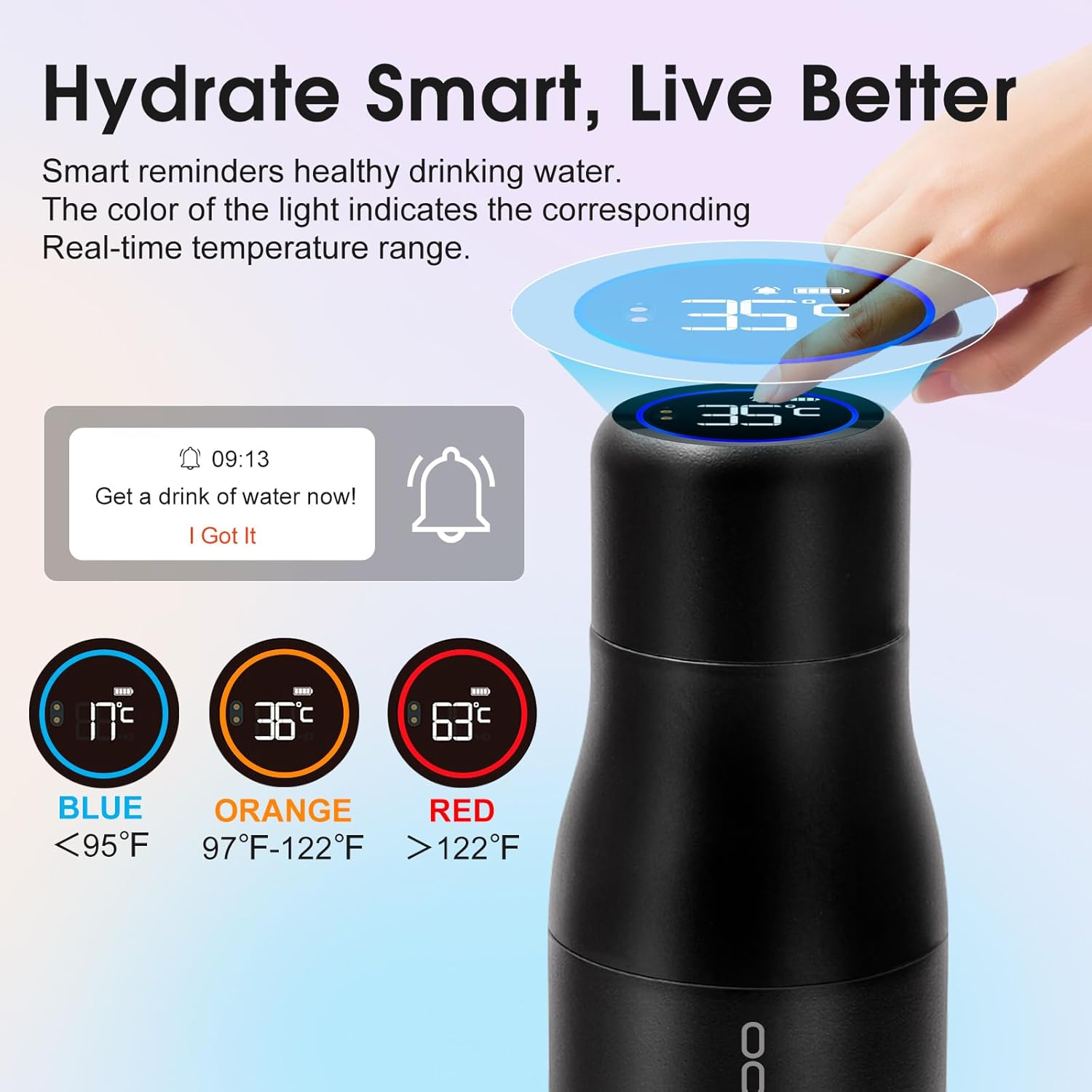 VSITOO 14.8oz Mini Smart Self-Cleaning Water Bottle,Small Insulated Stainless Steel Thermoses with AI Self-Clean, 30-Day Battery & Magnetic Charging for Travel, Gym, Office or Purse, Black - Image 3