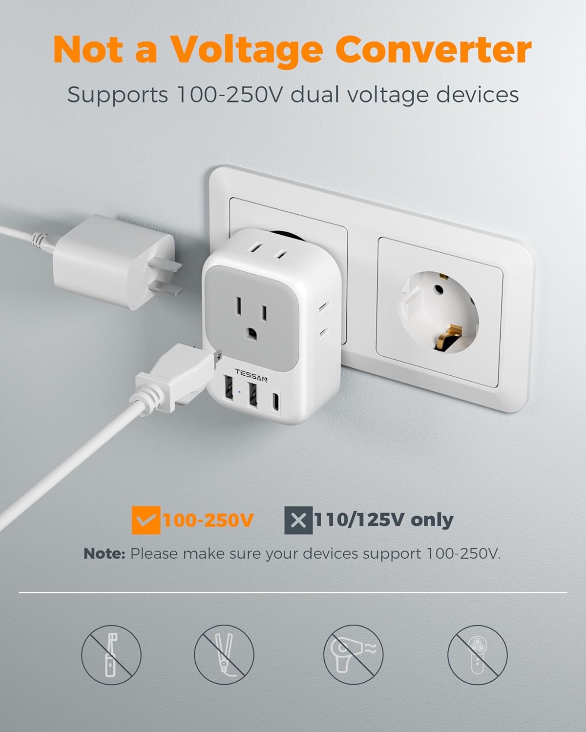2 Pack European Plug Adapter USB C, TESSAN US to Europe Adapter 4 Outlets 3 USB Charger, Type C International Power Adaptor to Italy Spain France Portugal Iceland Germany, Europe Travel Essentials - Image 5