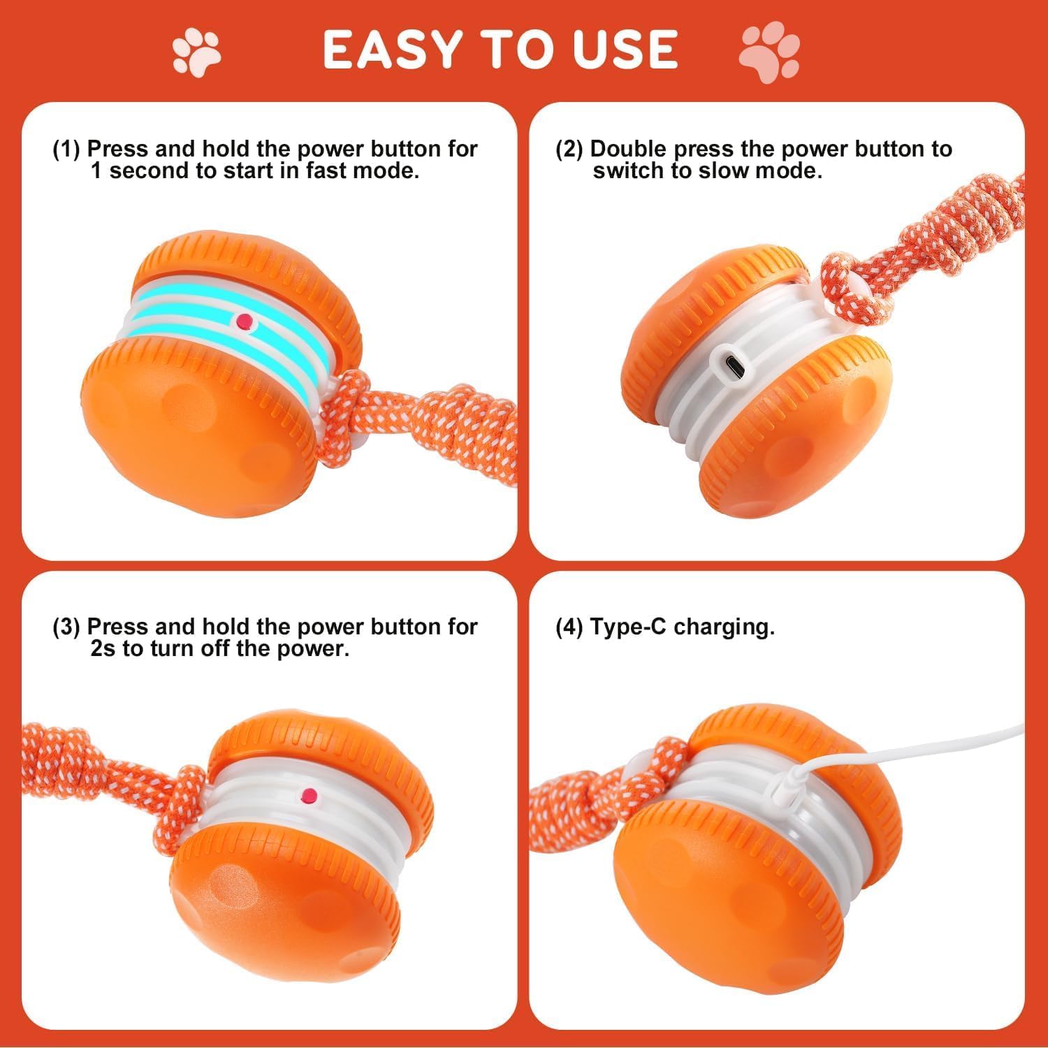 Interactive Dog Toys, Random Path Electric Automatic Moving and Rolling Dogs Toy with Rope for Small Medium Large Dogs, Motion-Activated Dog Stimulation Toy for Boredom Relief (Orange) - Image 9