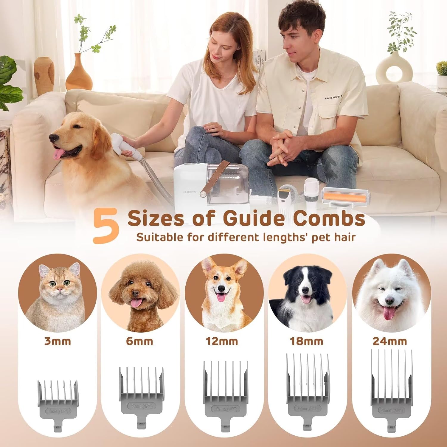 Dog Grooming Vacuum Kit - 3L Vacuum with 7 Tools, Low Noise Electric Clipper and Brush for Pet Shedding at Home, White - Image 3
